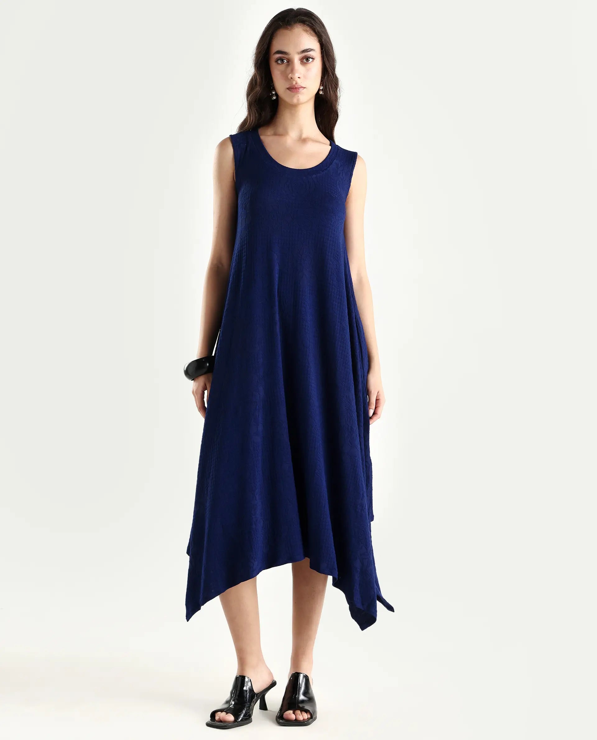 Rareism Women's Kisame Dark Blue Knit Jacquard Crew Neck Plain Sleeveless Midi Flared Dress
