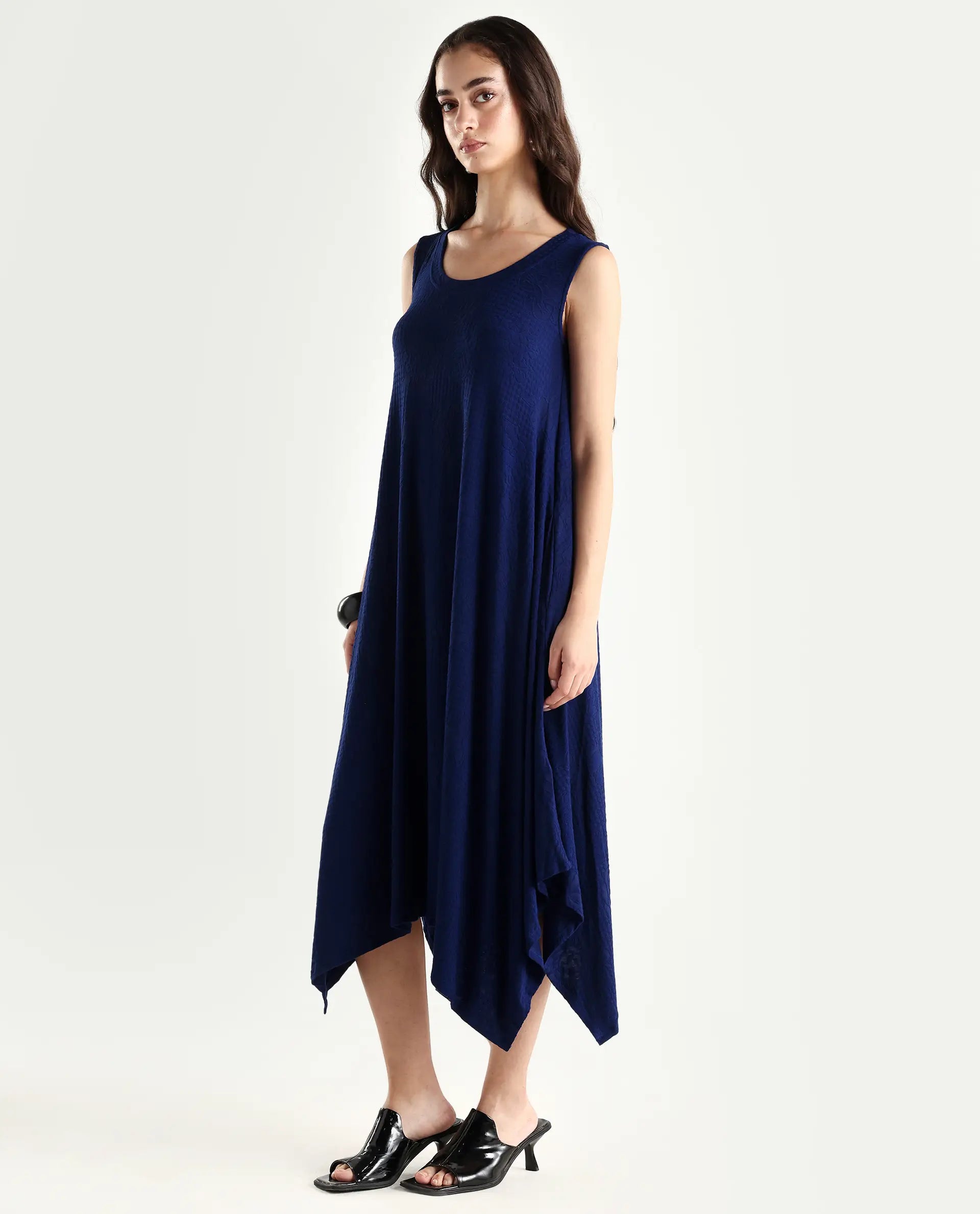 Rareism Women's Kisame Dark Blue Knit Jacquard Crew Neck Plain Sleeveless Midi Flared Dress