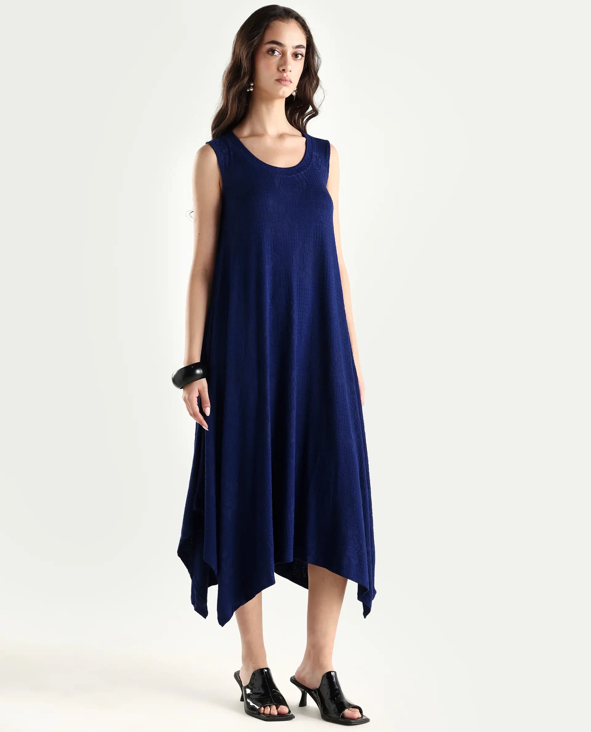 Rareism Women's Kisame Dark Blue Knit Jacquard Crew Neck Plain Sleeveless Midi Flared Dress
