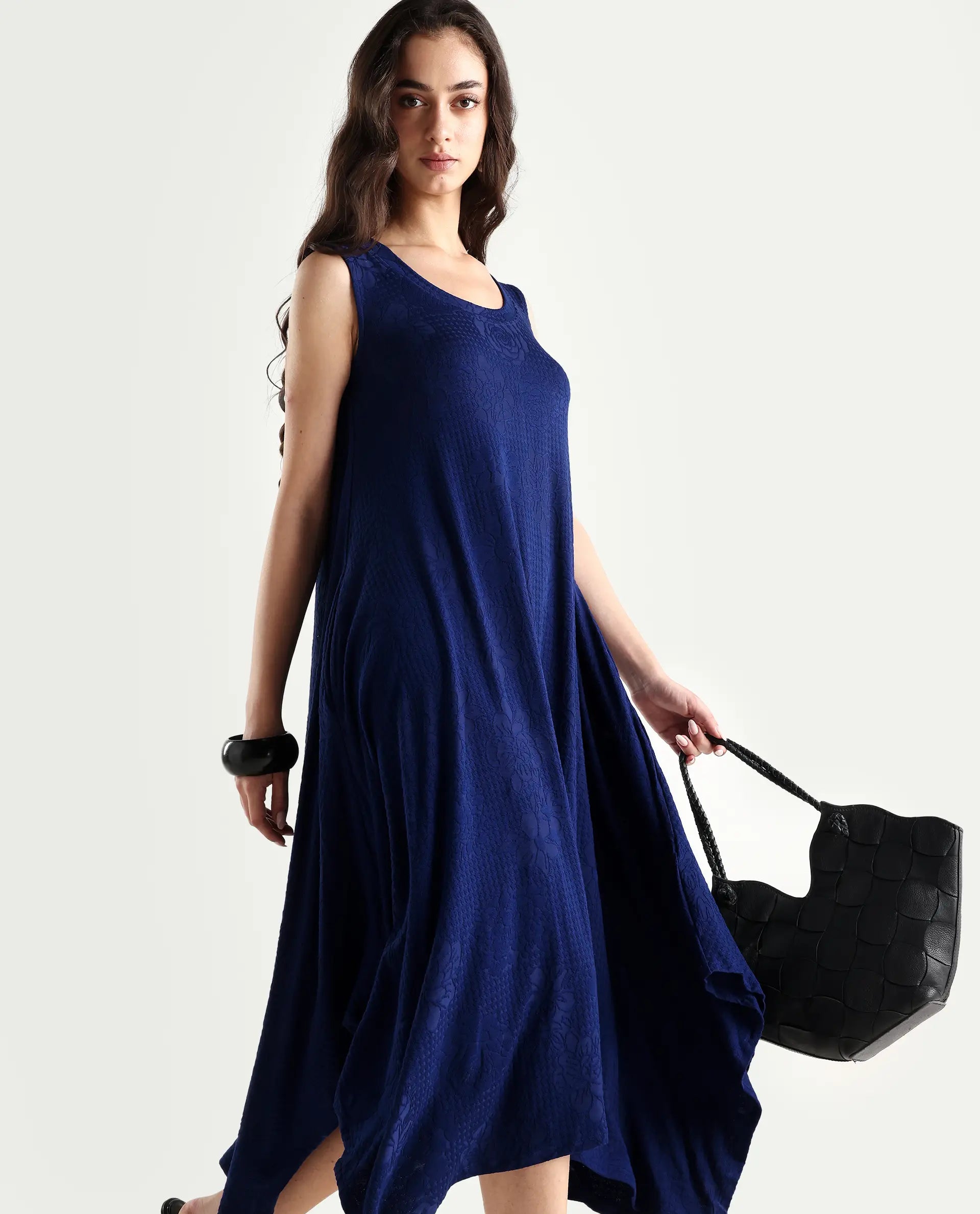 Rareism Women's Kisame Dark Blue Knit Jacquard Crew Neck Plain Sleeveless Midi Flared Dress