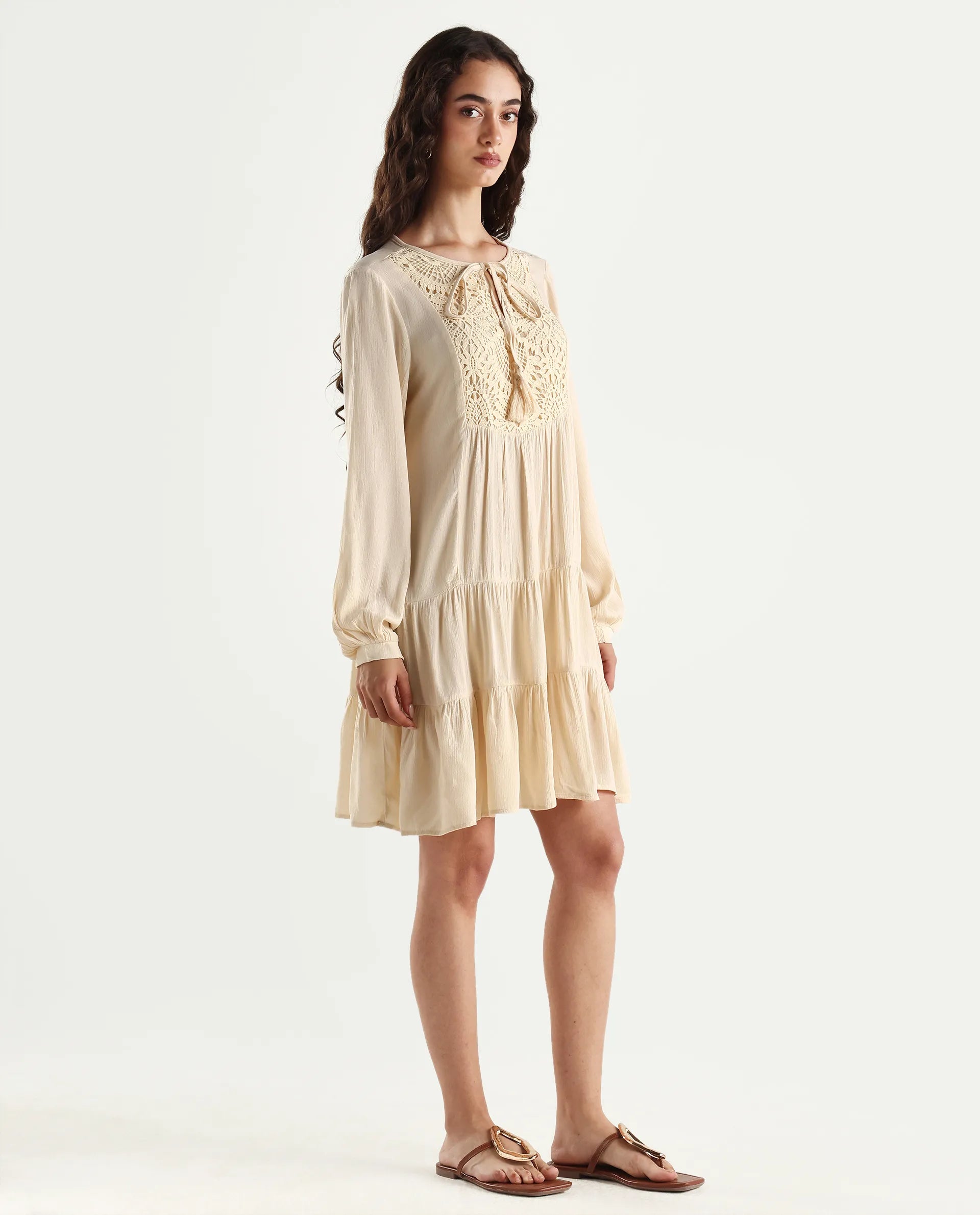 Rareism Women's Tijuana Dusky Off White Rayon Crew Neck Plain Bishop Sleeve Knee Length Relaxed Fit Dress