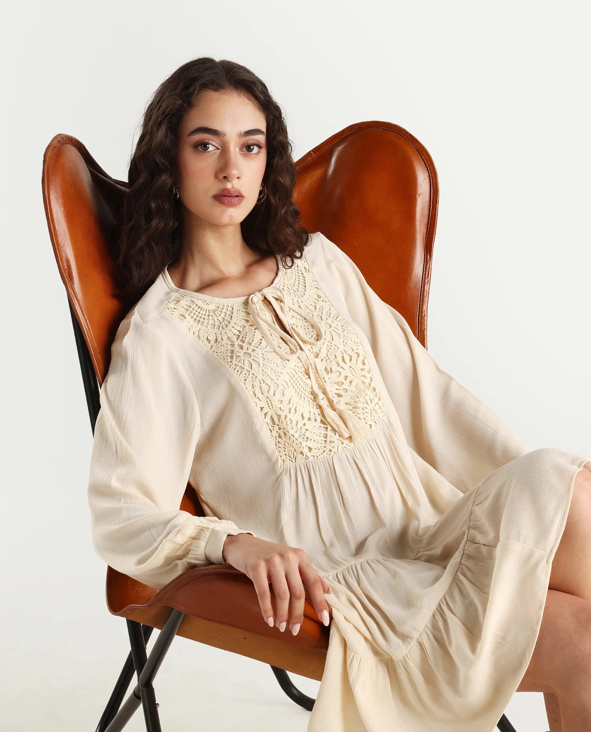 Rareism Women's Tijuana Dusky Off White Rayon Crew Neck Plain Bishop Sleeve Knee Length Relaxed Fit Dress