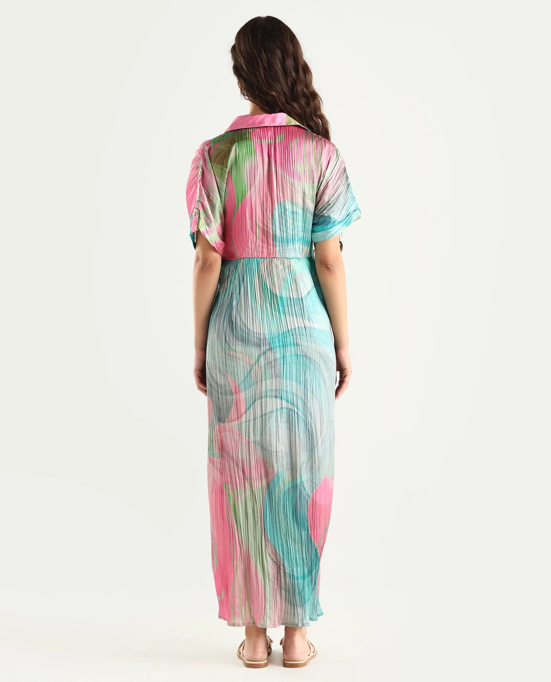Rareism Women's Chiapas Dusky Multi Polyester Drop Collar Abstract Print Extended Sleeves Maxi Straight Fit Dress