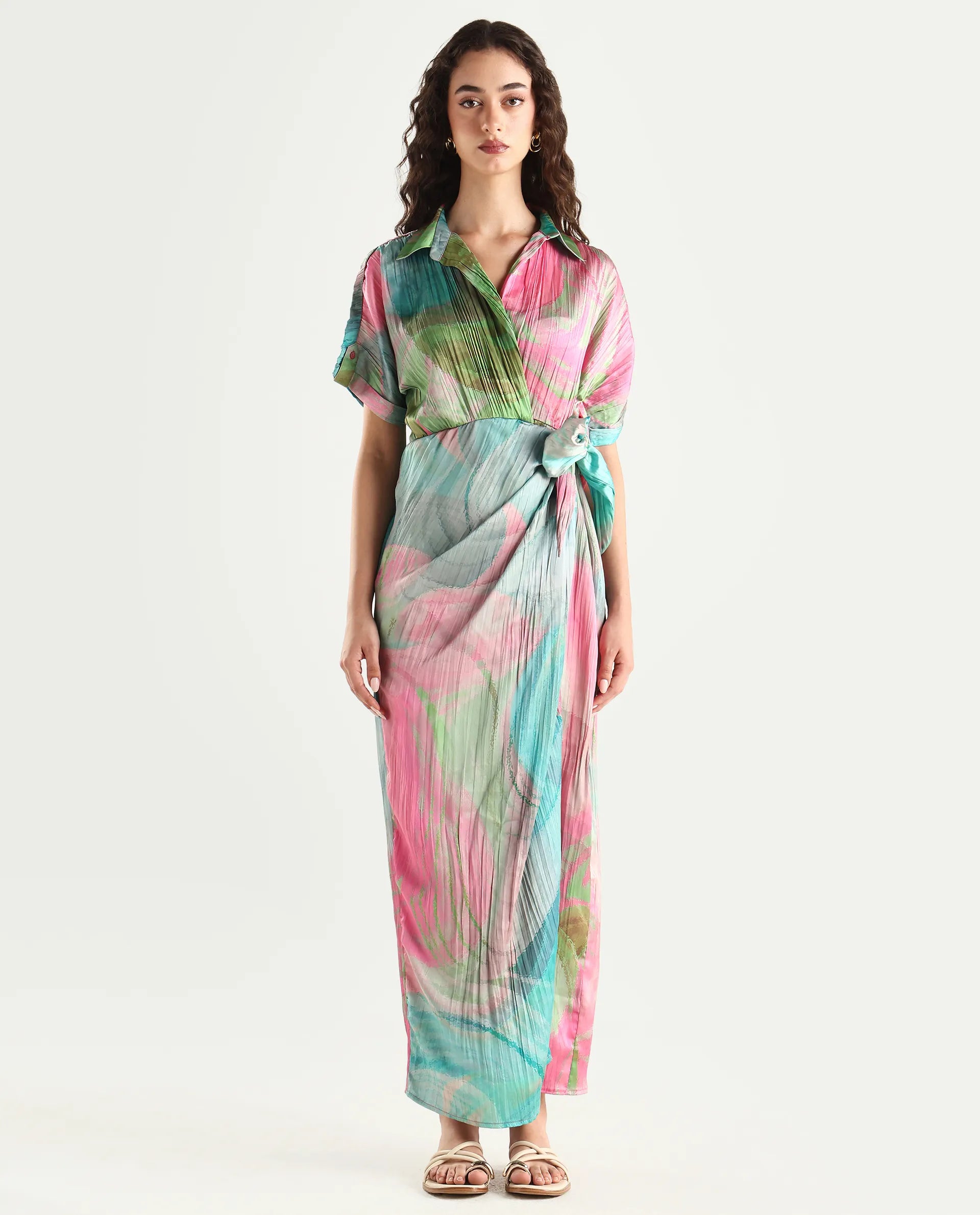Rareism Women's Chiapas Dusky Multi Polyester Drop Collar Abstract Print Extended Sleeves Maxi Straight Fit Dress