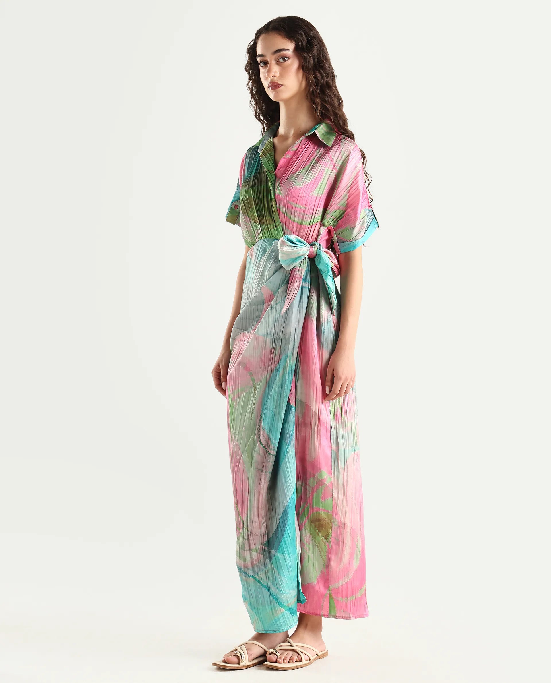 Rareism Women's Chiapas Dusky Multi Polyester Drop Collar Abstract Print Extended Sleeves Maxi Straight Fit Dress