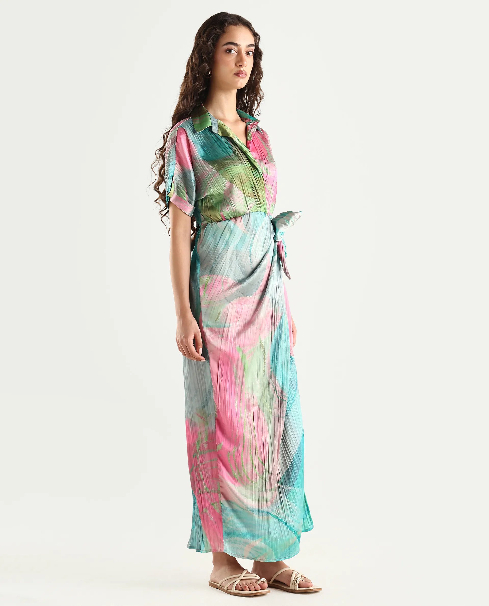 Rareism Women's Chiapas Dusky Multi Polyester Drop Collar Abstract Print Extended Sleeves Maxi Straight Fit Dress