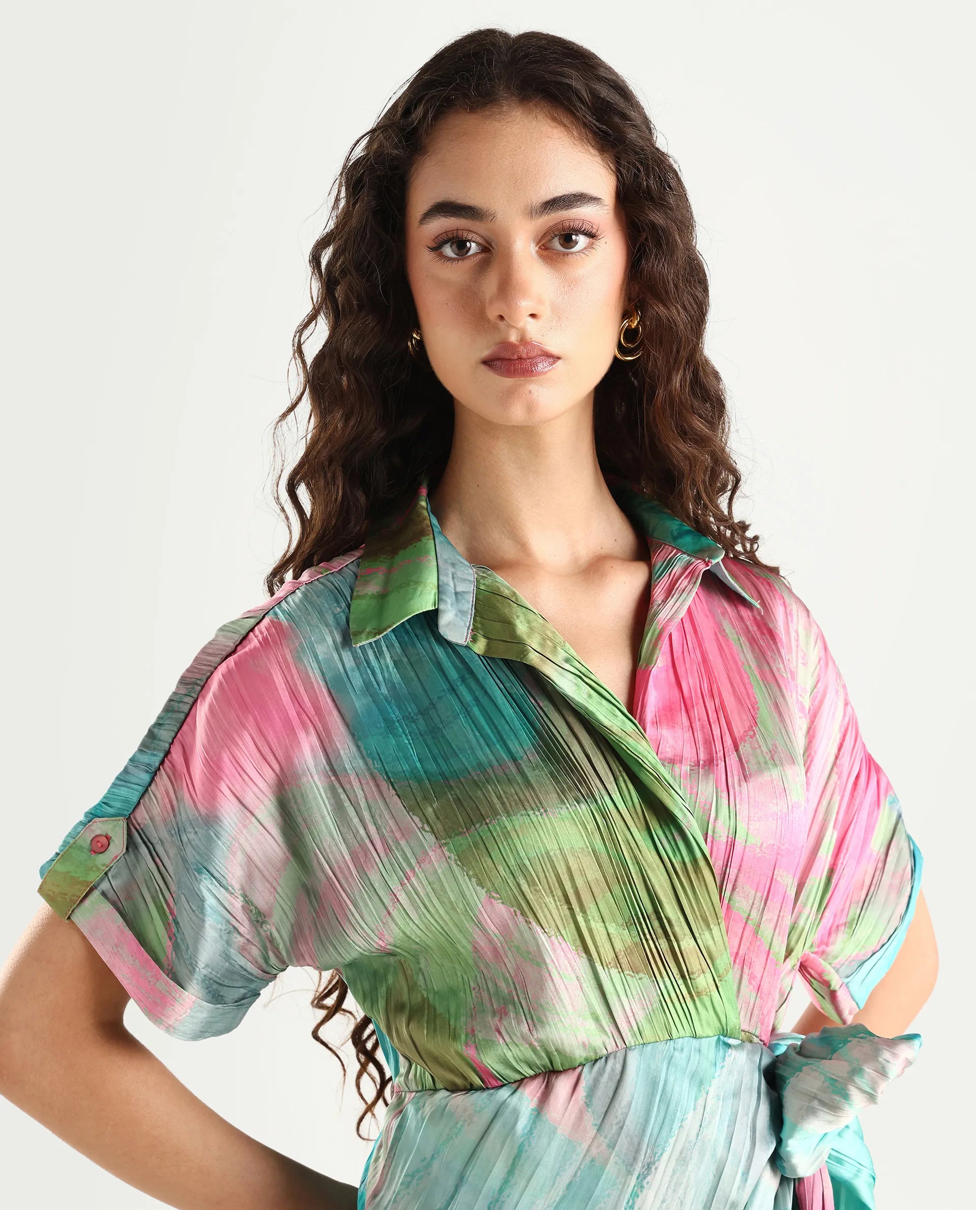 Rareism Women's Chiapas Dusky Multi Polyester Drop Collar Abstract Print Extended Sleeves Maxi Straight Fit Dress