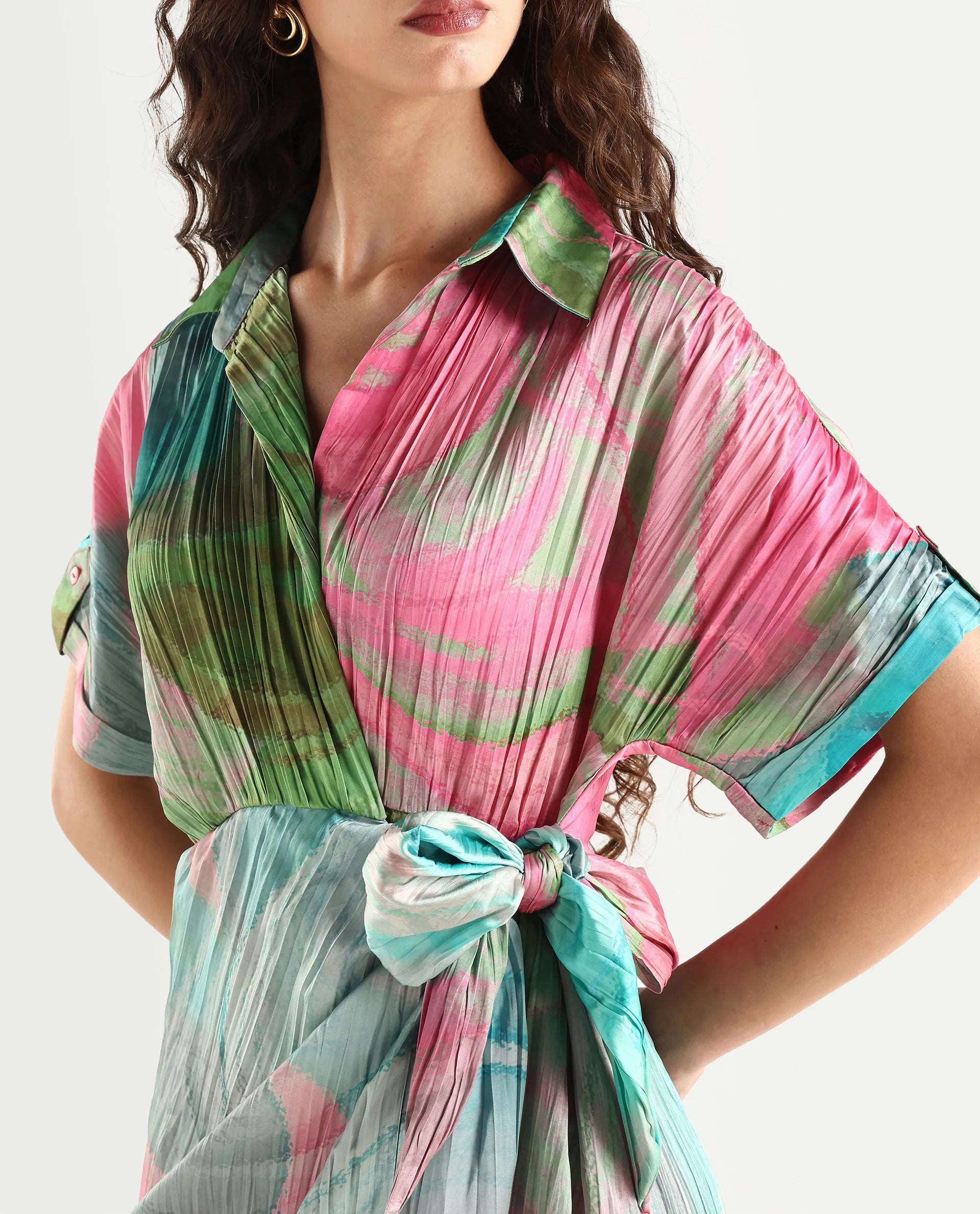 Rareism Women's Chiapas Dusky Multi Polyester Drop Collar Abstract Print Extended Sleeves Maxi Straight Fit Dress
