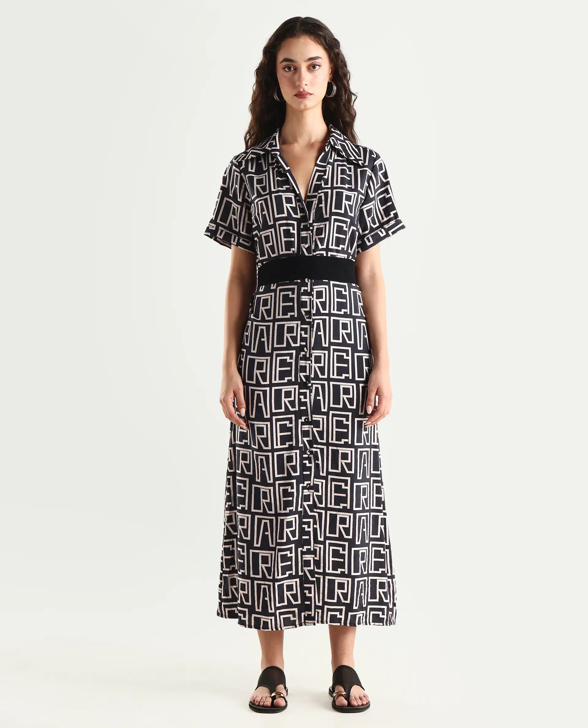 Rareism Women's Onia Black Nylon Blend Drop Collar Monogram Print Maxi Regular Fit Dress