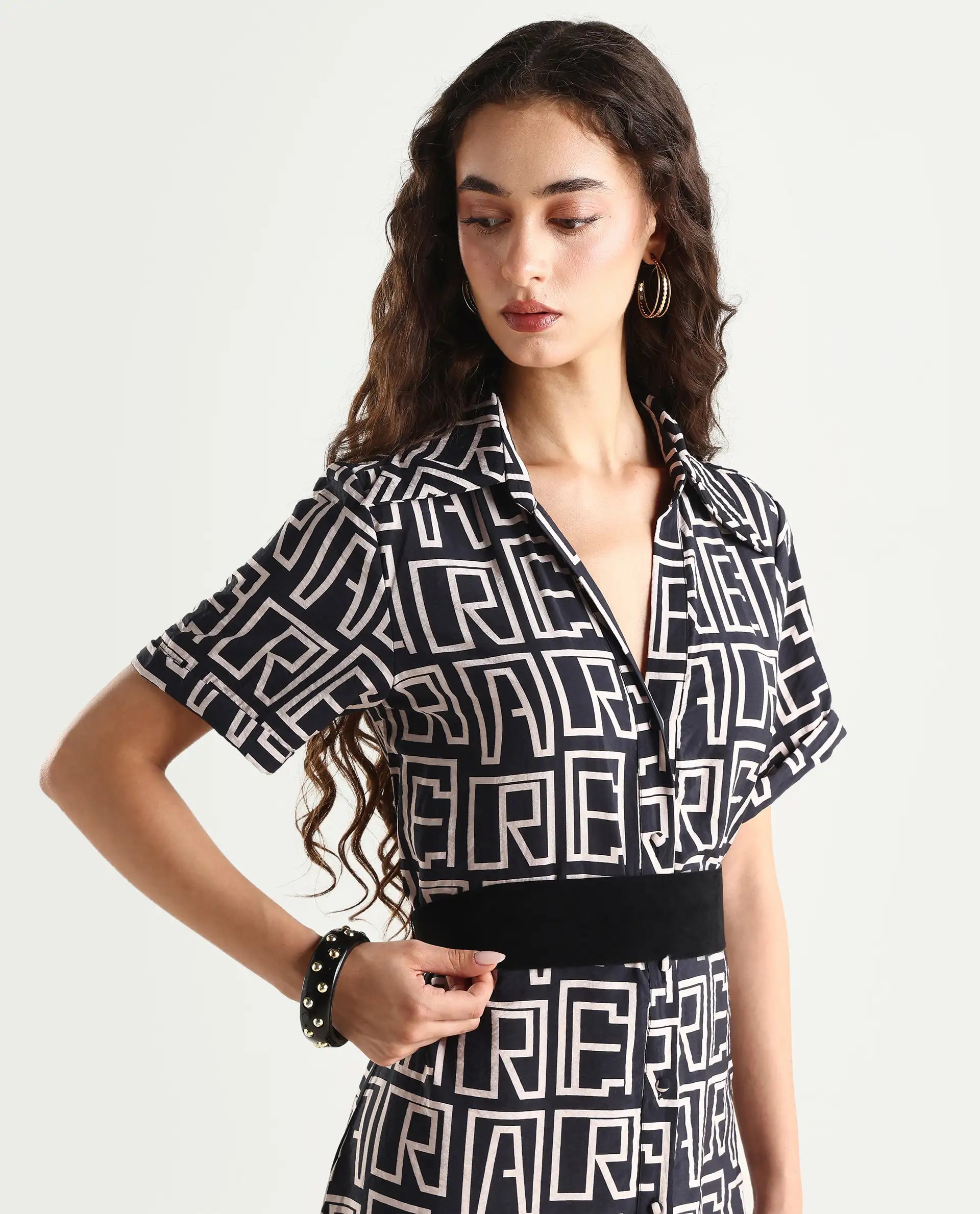 Rareism Women's Onia Black Nylon Blend Drop Collar Monogram Print Maxi Regular Fit Dress