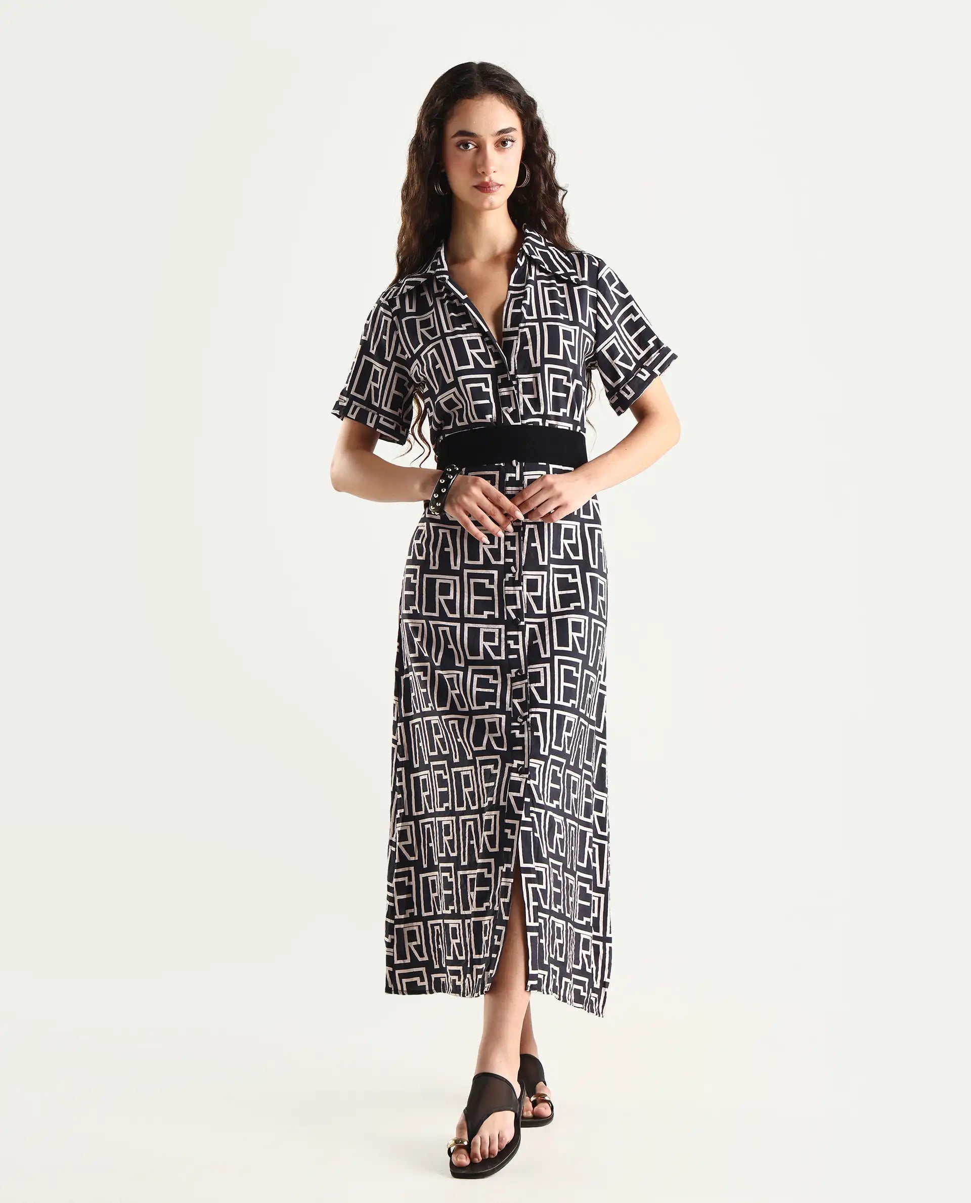 Rareism Women's Onia Black Nylon Blend Drop Collar Monogram Print Maxi Regular Fit Dress