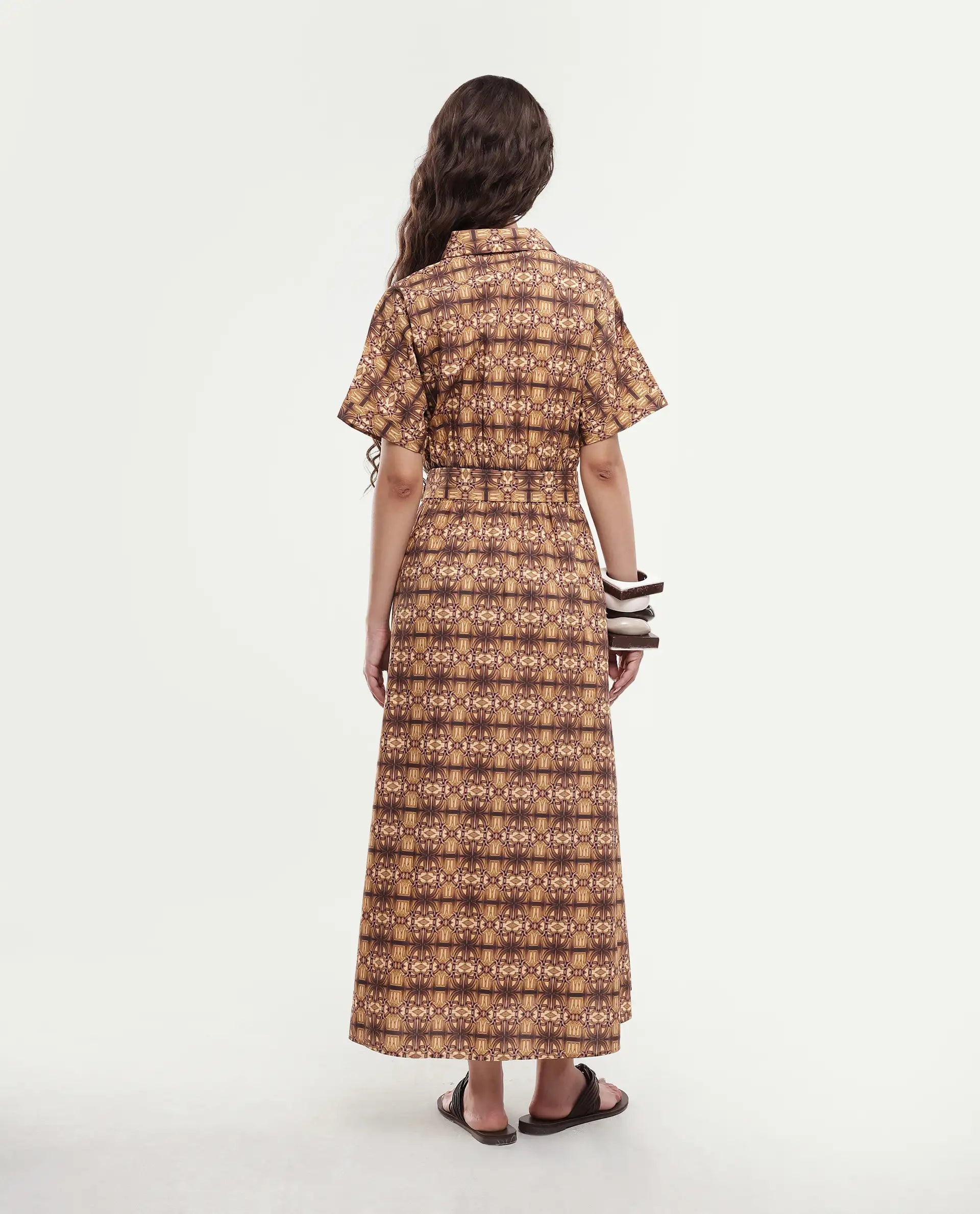 Rareism Women's Native Brown Cotton Blend Drop Collar Geometric Print Midi Fit And Flare Dress