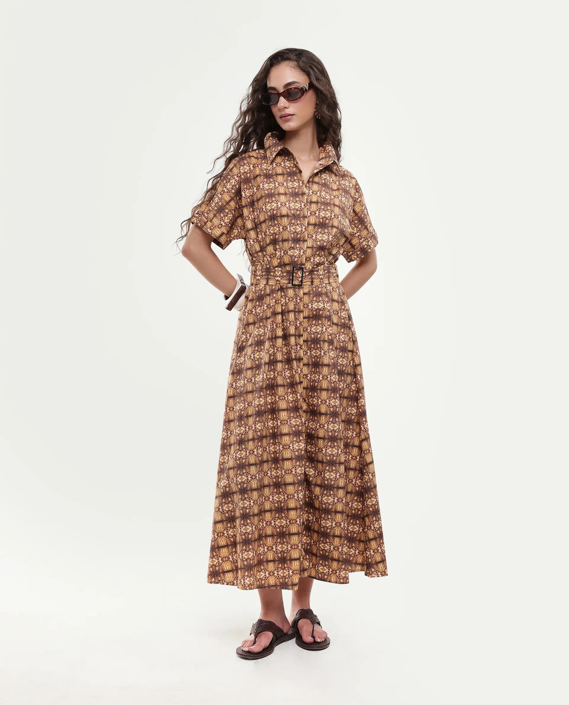 Rareism Women's Native Brown Cotton Blend Drop Collar Geometric Print Midi Fit And Flare Dress