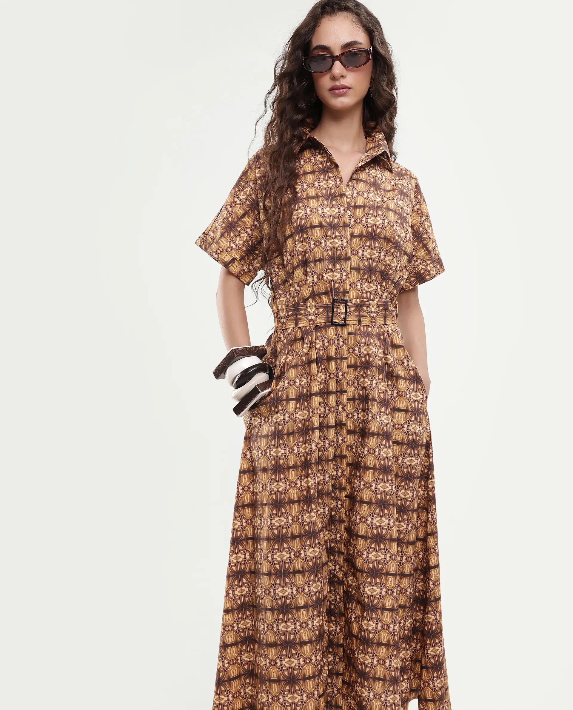 Rareism Women's Native Brown Cotton Blend Drop Collar Geometric Print Midi Fit And Flare Dress