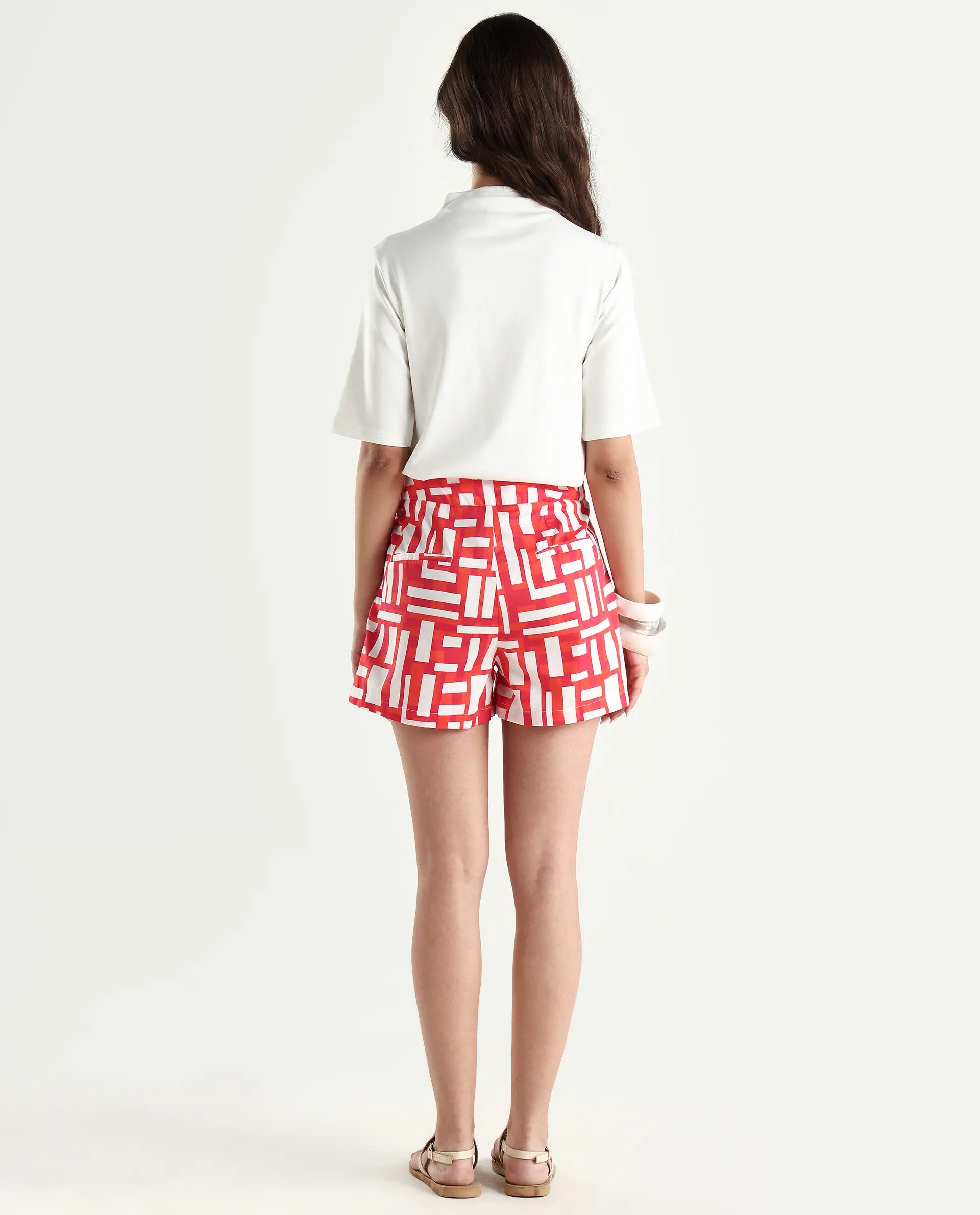 Rareism Women's Taranto Red Cotton Blend Geometric Print Mini Regular Fit Shorts