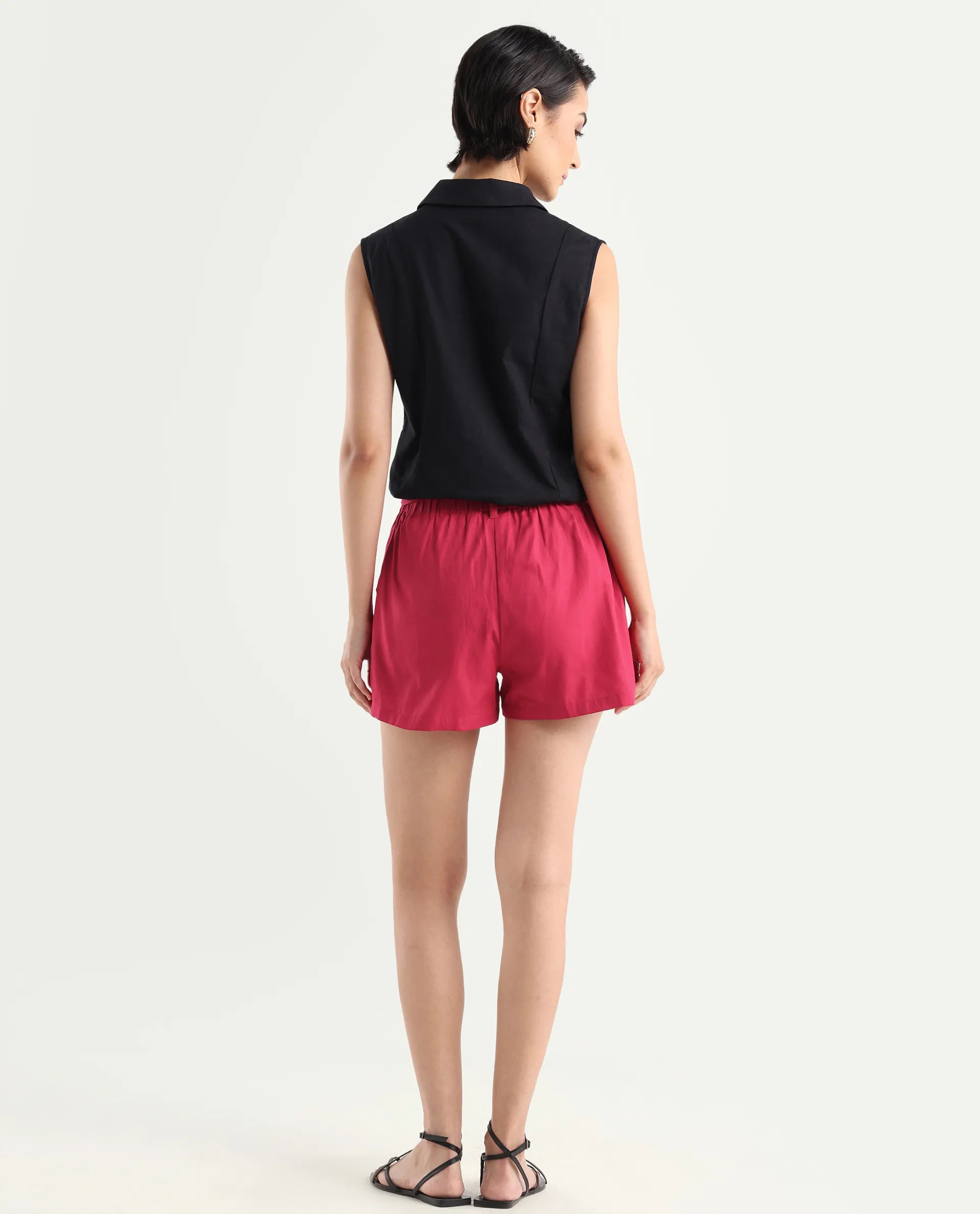 Rareism Women's Cerig Red Cotton Blend Plain Mini Regular Fit Shorts