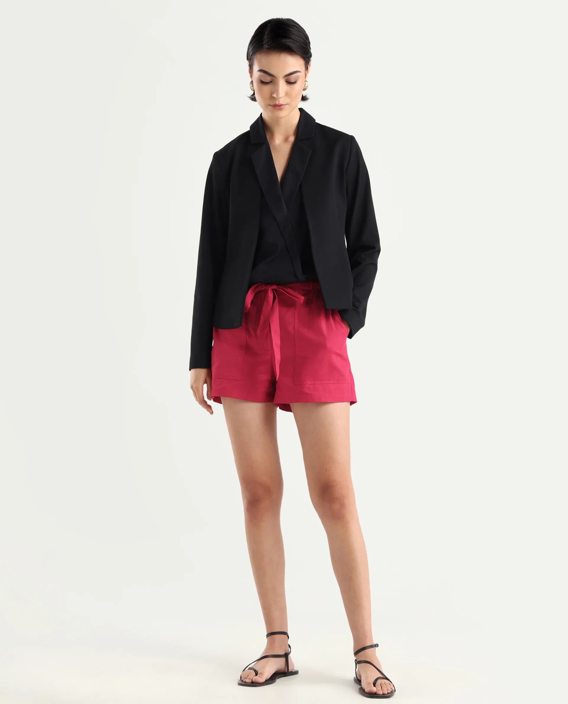 Rareism Women's Cerig Red Cotton Blend Plain Mini Regular Fit Shorts