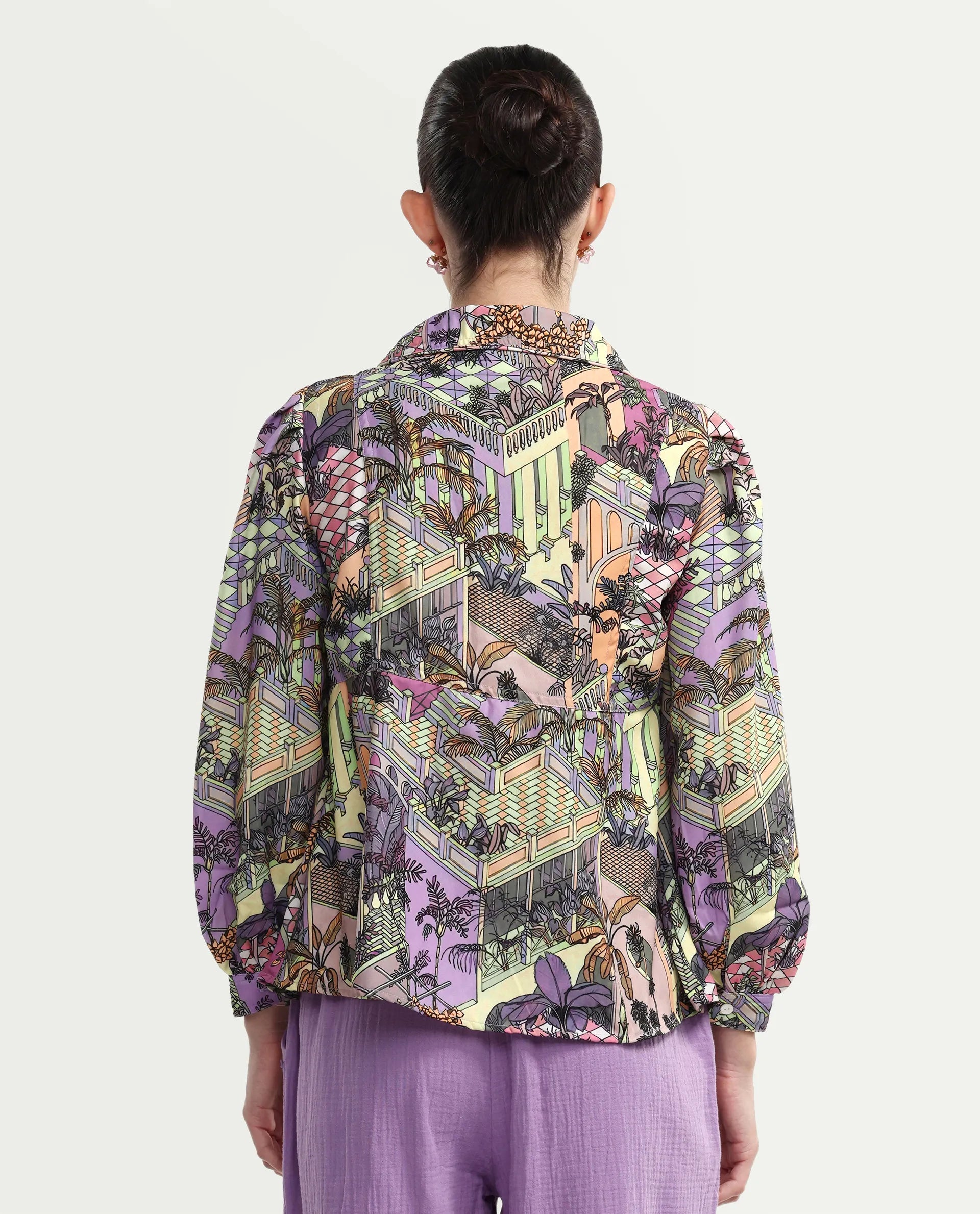 Rareism Women's Stevie-T Light Multi Polyester Lapel Neck Abstract Print Cuffed Sleeve Regular Fit Top