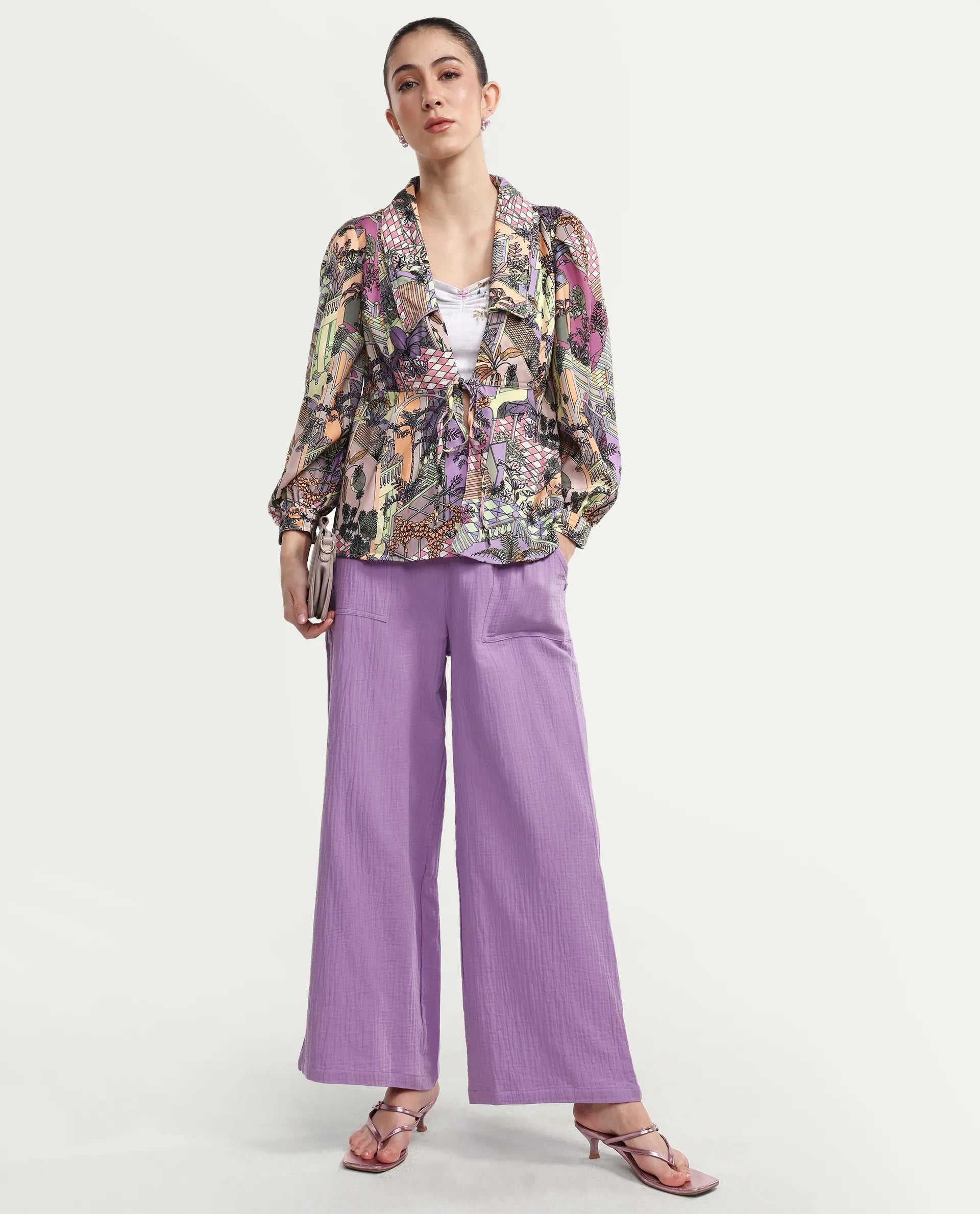 Rareism Women's Stevie-T Light Multi Polyester Lapel Neck Abstract Print Cuffed Sleeve Regular Fit Top