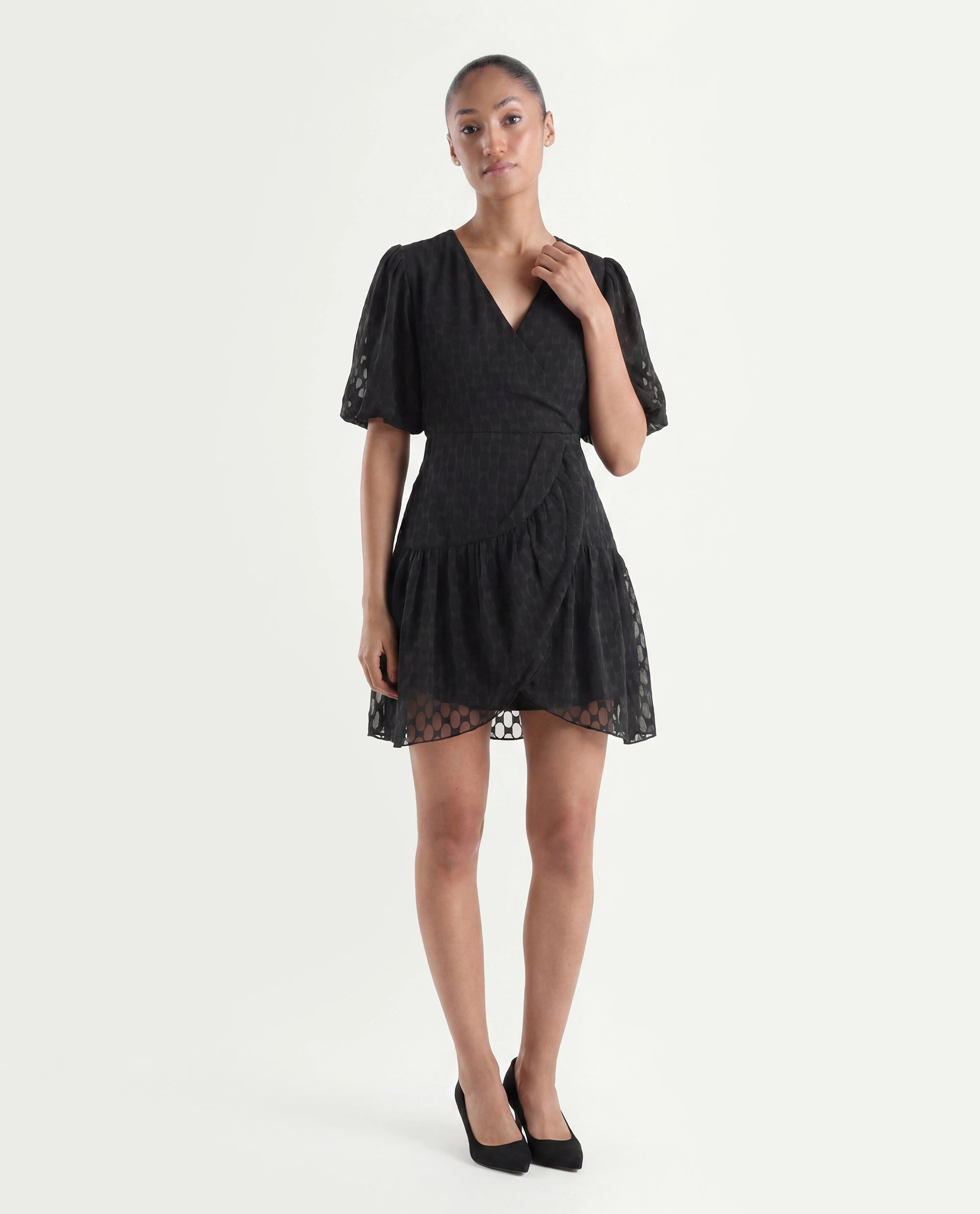 Rareism Women's Namika Black Polyester Blend V-Neck Plain Balloon Sleeve Mini Fit And Flare Dress