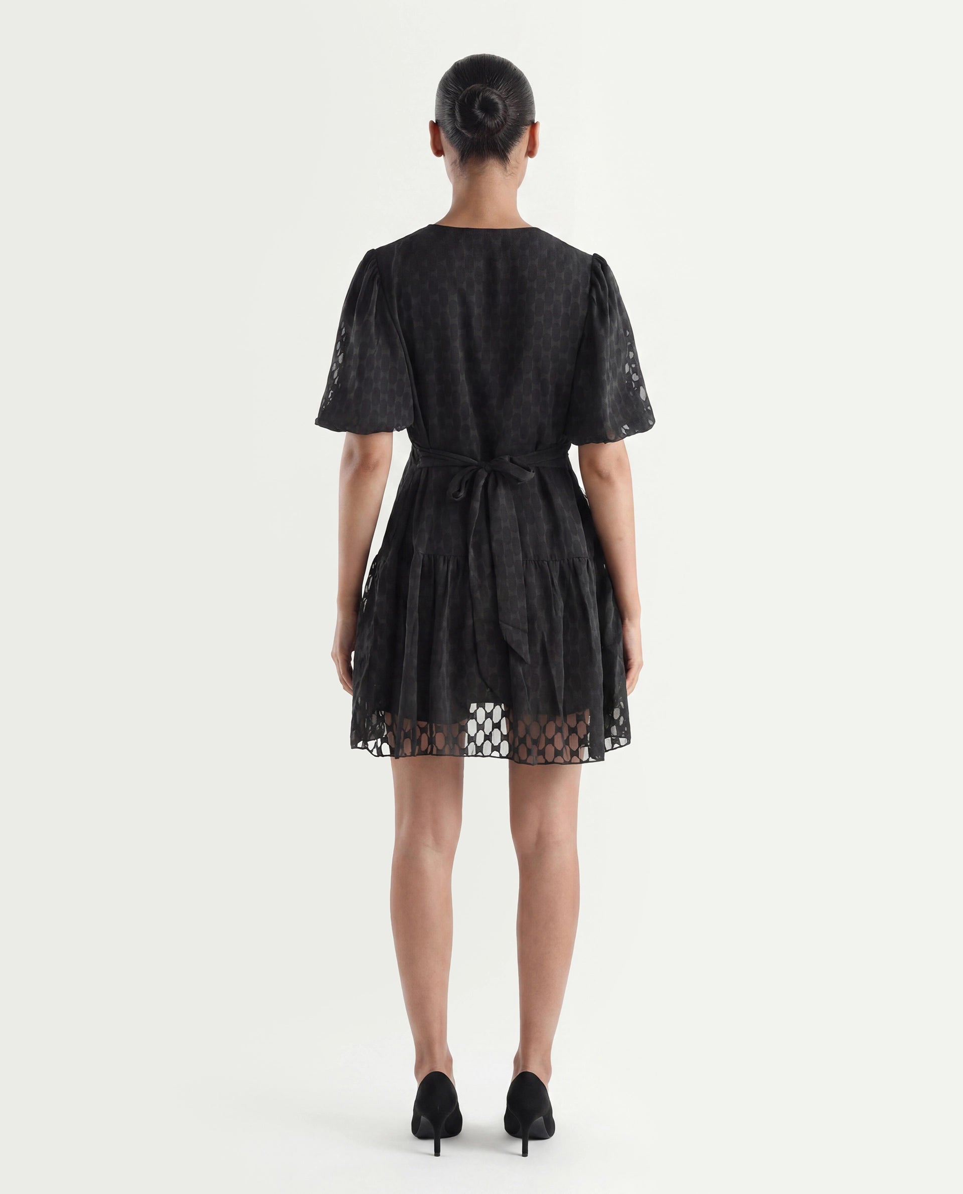 Rareism Women's Namika Black Polyester Blend V-Neck Plain Balloon Sleeve Mini Fit And Flare Dress