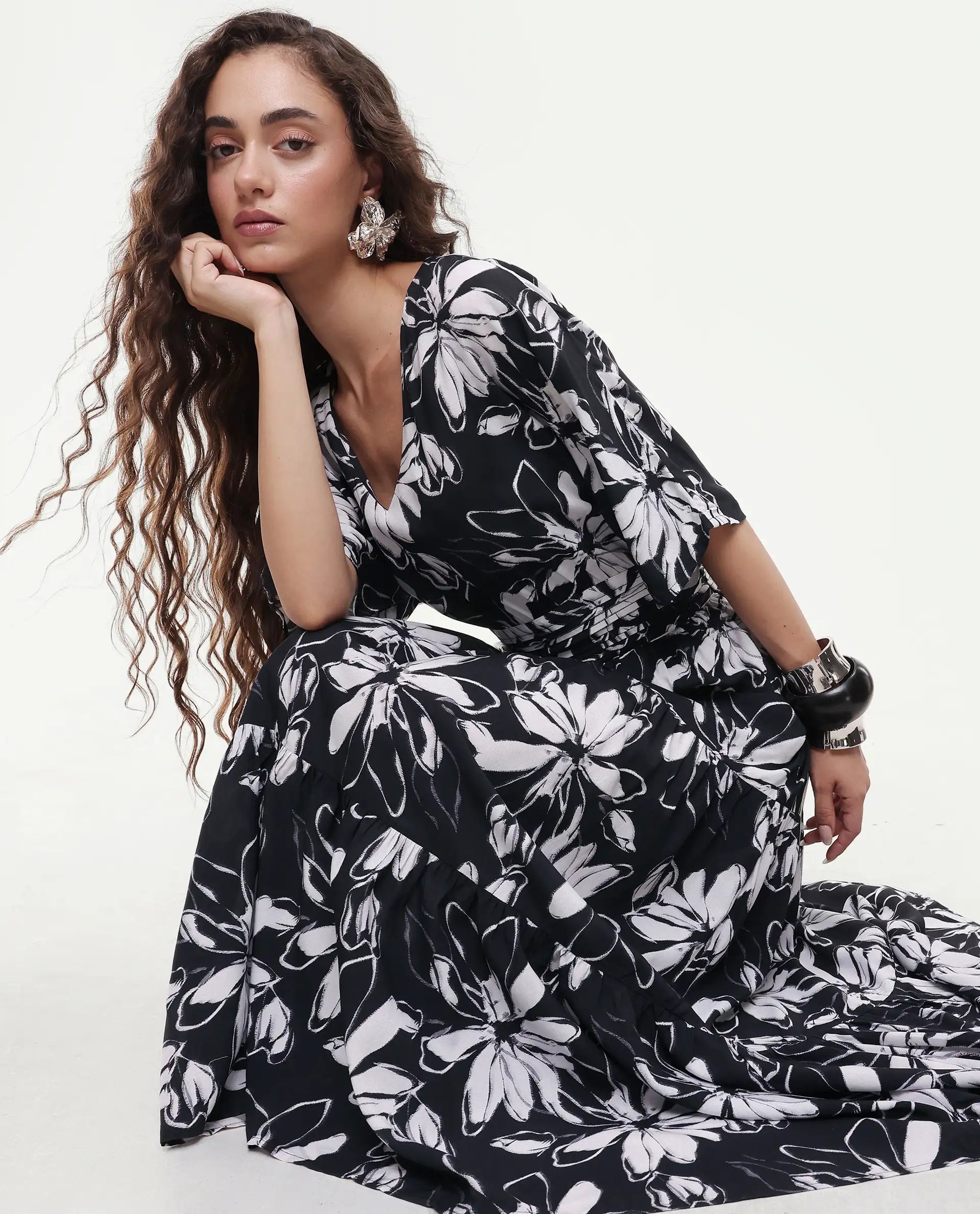 Rareism Women's Tuzio Black Viscose V-Neck Floral Print Extended Sleeves Maxi Fit And Flare Dress