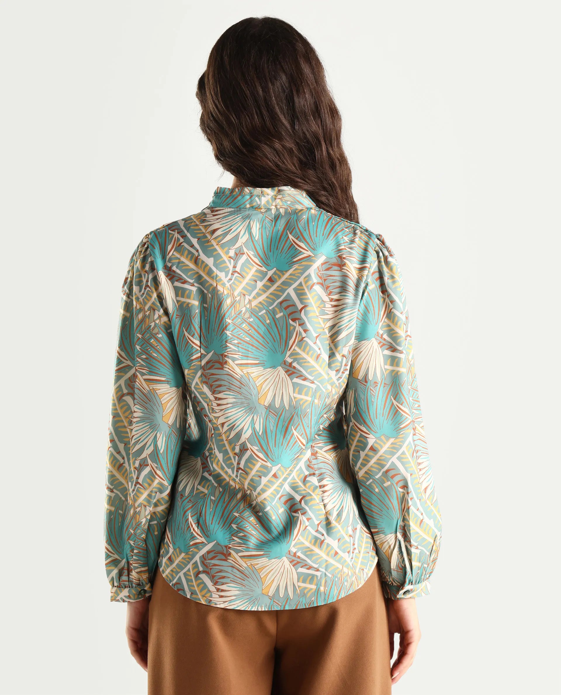 Rareism Women's Alici Blue Nylon Blend Overlap Neck Abstract Print Bishop Sleeve Regular Fit Top