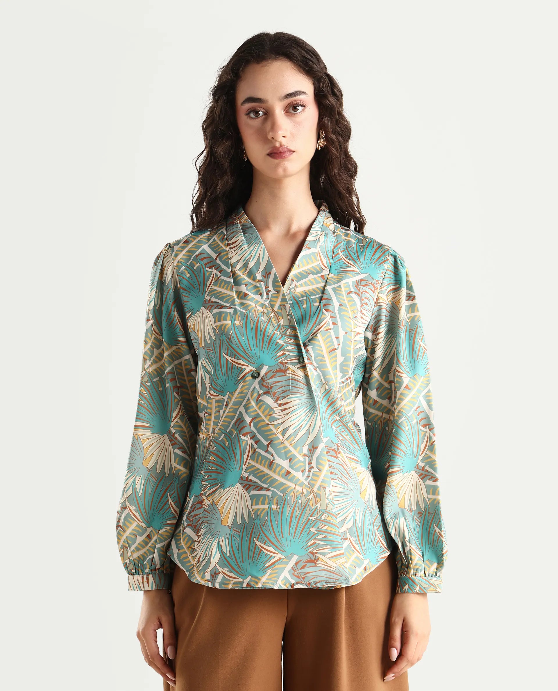 Rareism Women's Alici Blue Nylon Blend Overlap Neck Abstract Print Bishop Sleeve Regular Fit Top