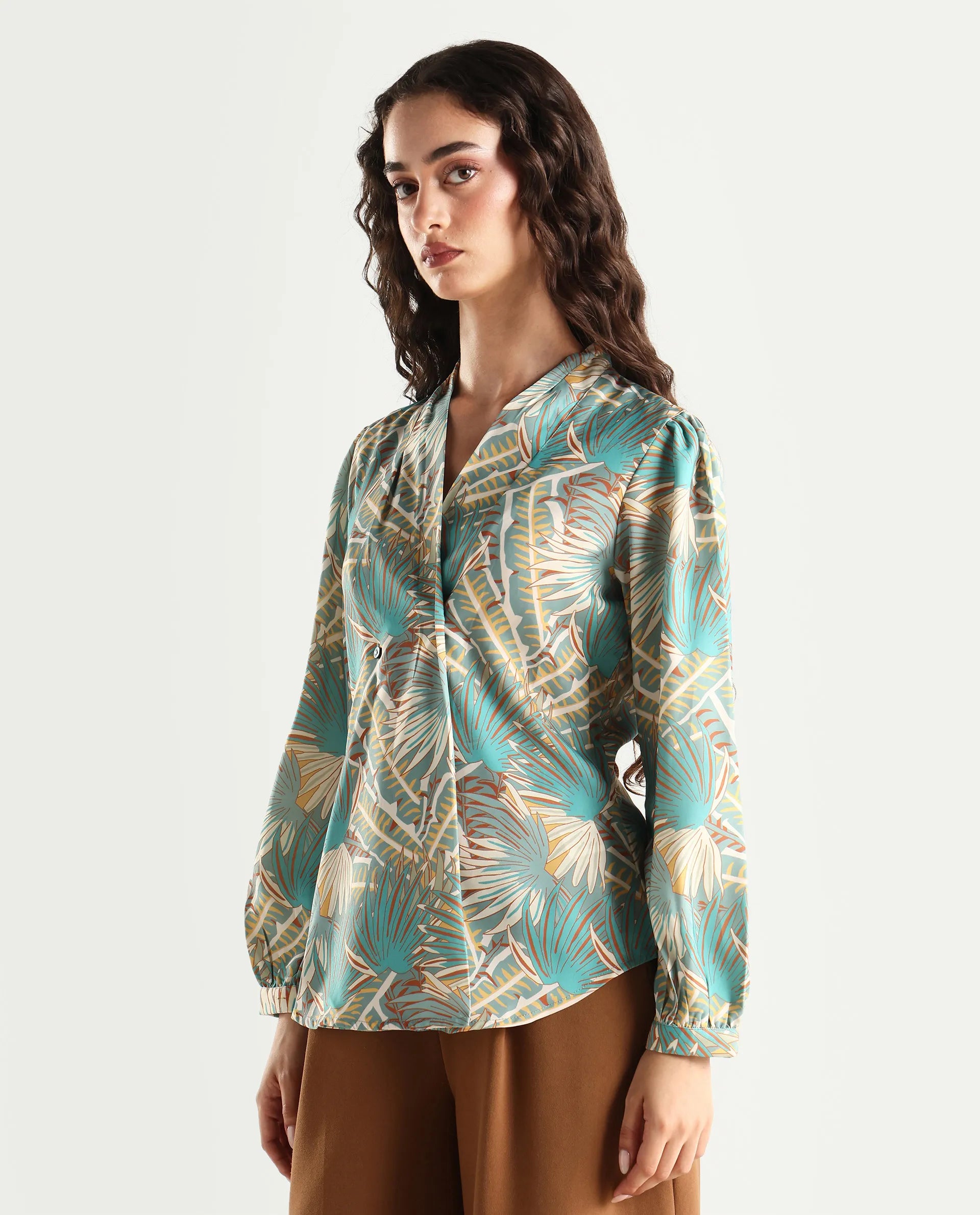 Rareism Women's Alici Blue Nylon Blend Overlap Neck Abstract Print Bishop Sleeve Regular Fit Top