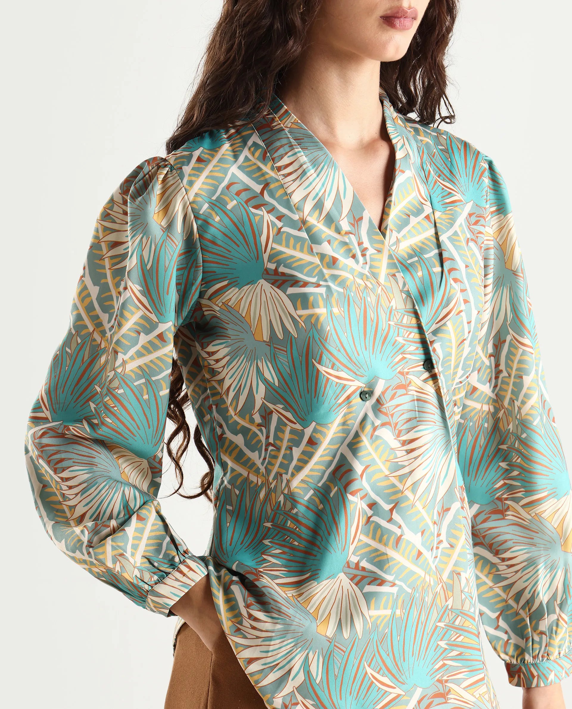 Rareism Women's Alici Blue Nylon Blend Overlap Neck Abstract Print Bishop Sleeve Regular Fit Top