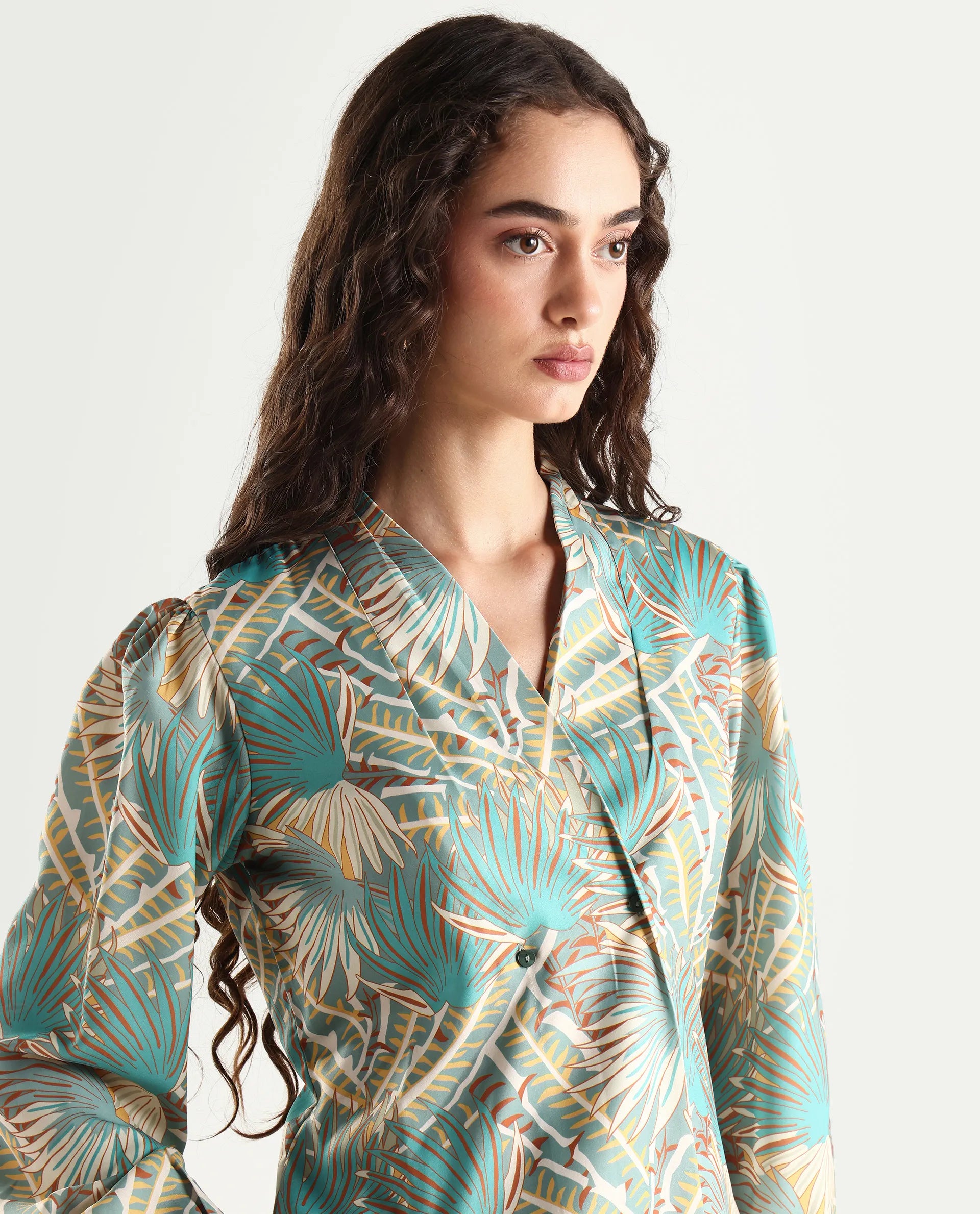 Rareism Women's Alici Blue Nylon Blend Overlap Neck Abstract Print Bishop Sleeve Regular Fit Top