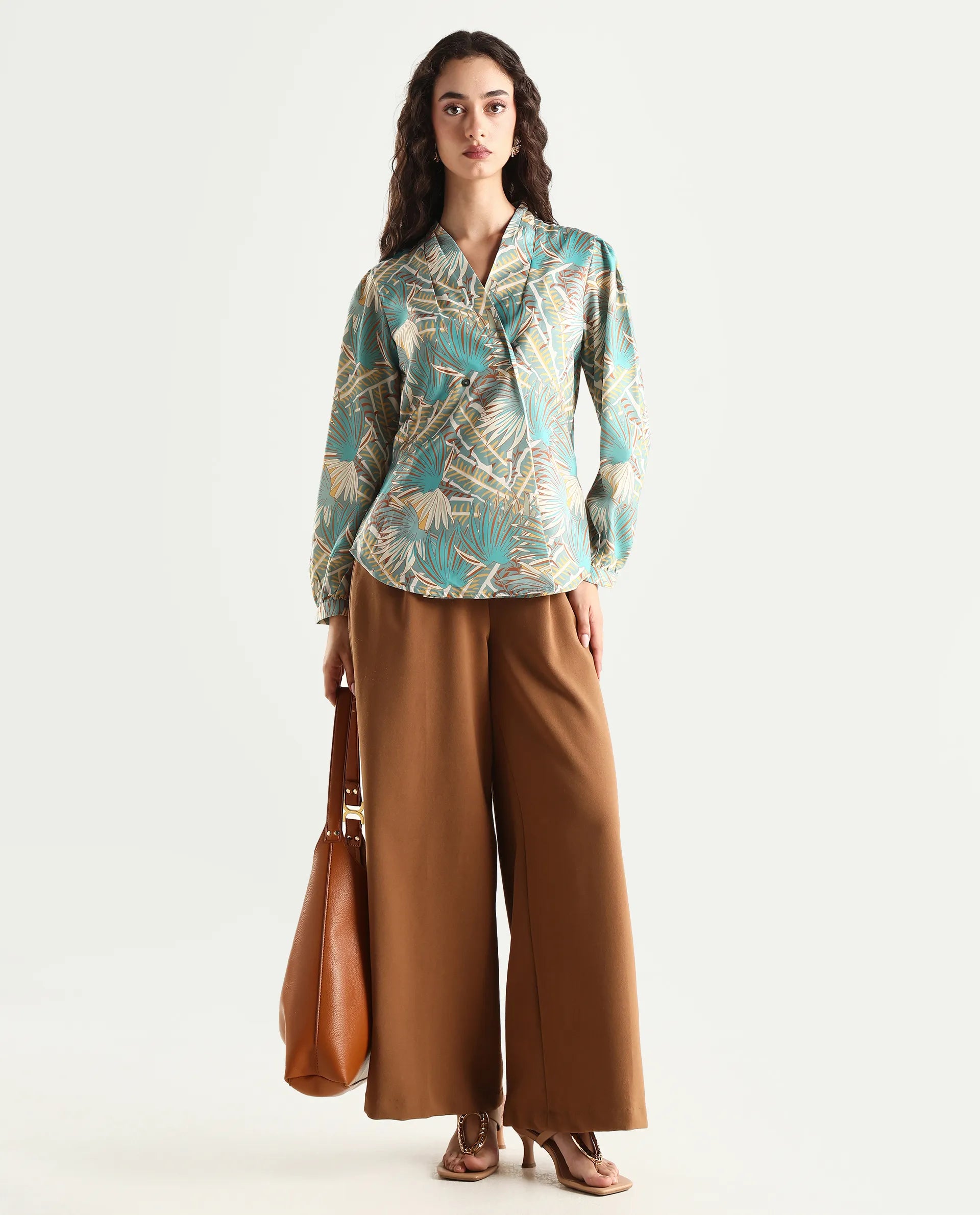 Rareism Women's Alici Blue Nylon Blend Overlap Neck Abstract Print Bishop Sleeve Regular Fit Top