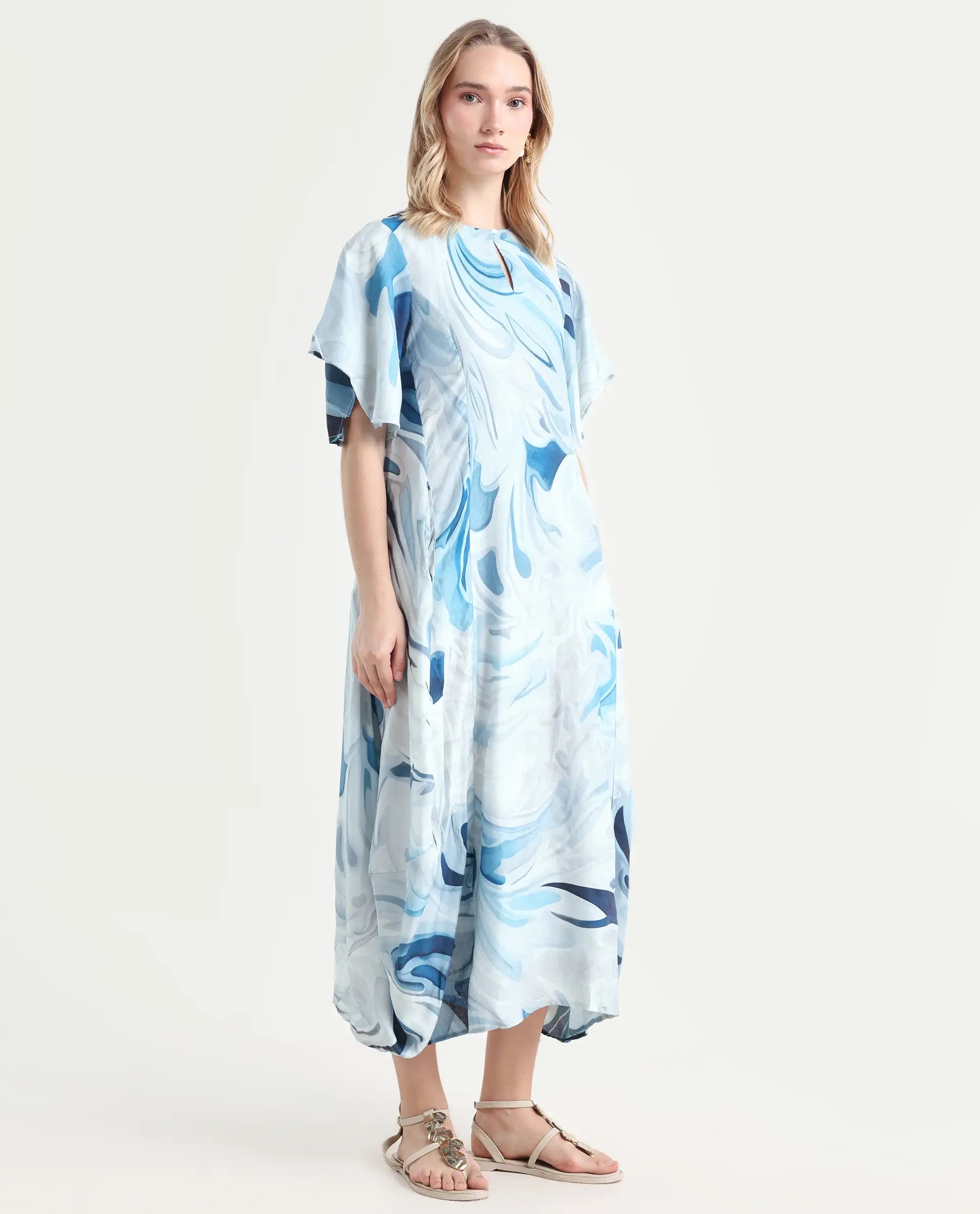 Rareism Women's Pesto Light Blue Viscose Blend V-Neck Abstract Print Midi Balloon Dress