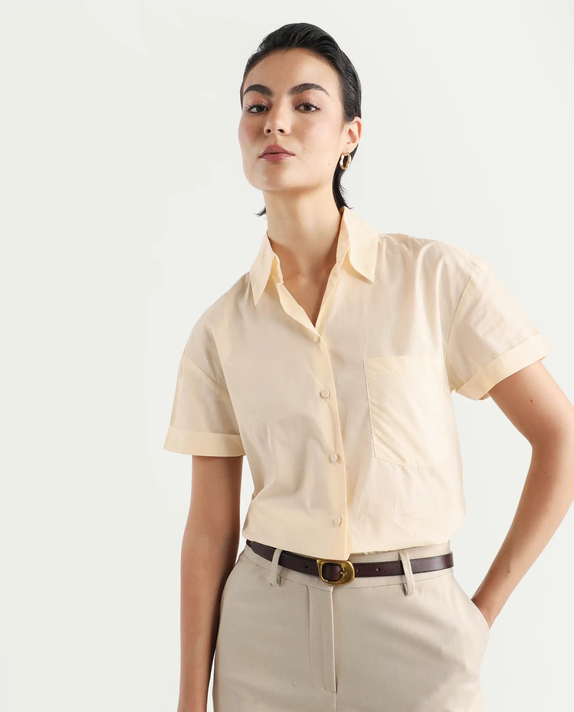 Rareism Women's Mium Beige Cotton Drop Collar Geometric Print Regular Fit Shirt