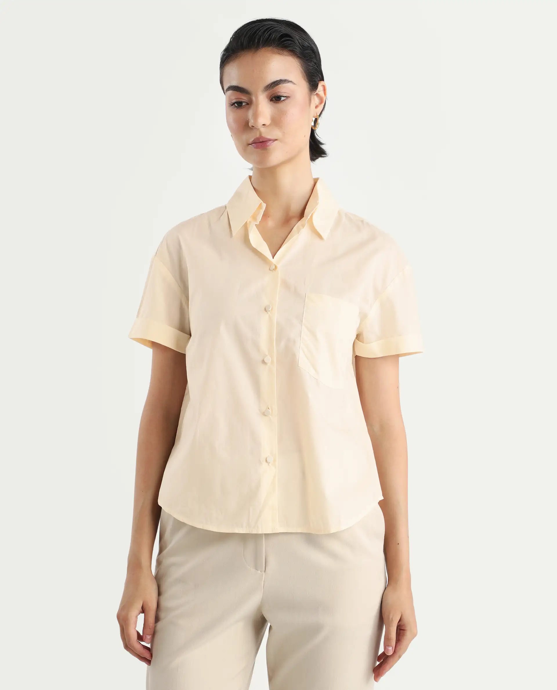 Rareism Women's Mium Beige Cotton Drop Collar Geometric Print Regular Fit Shirt