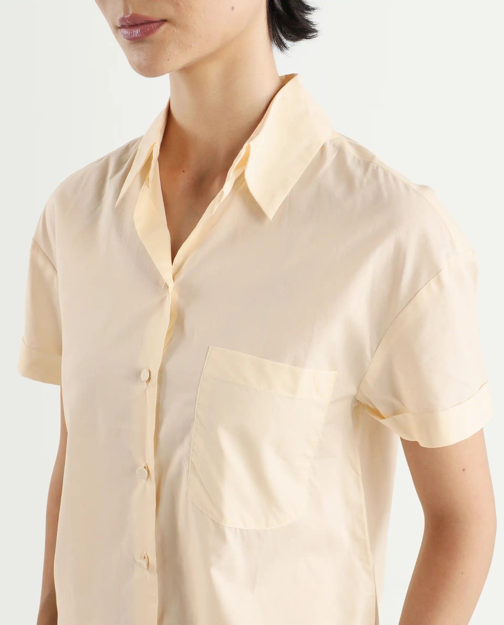 Rareism Women's Mium Beige Cotton Drop Collar Geometric Print Regular Fit Shirt