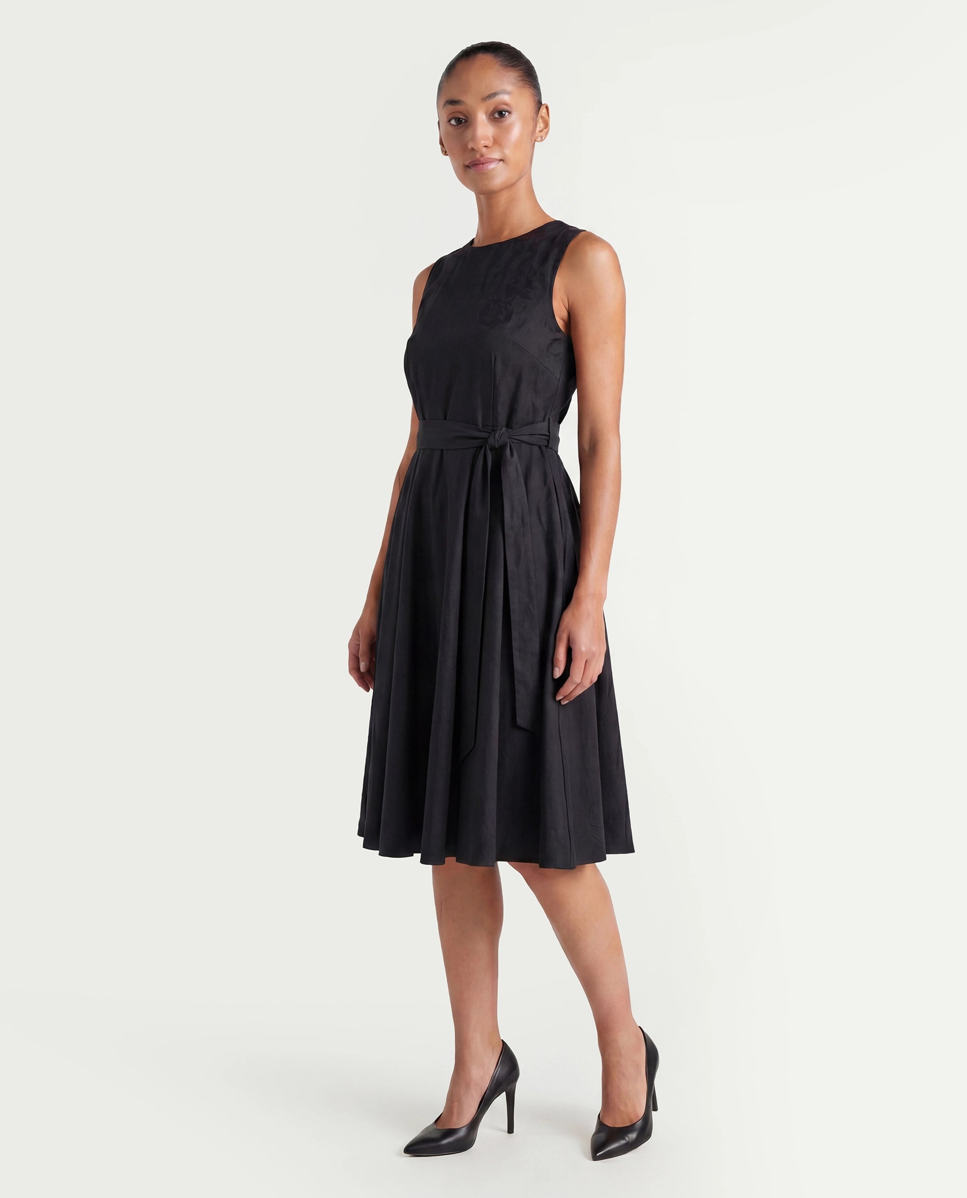 Rareism Women's Mulana Black Polyester Blend Crew Neck Plain Sleeveless Midi Regular Fit Dress