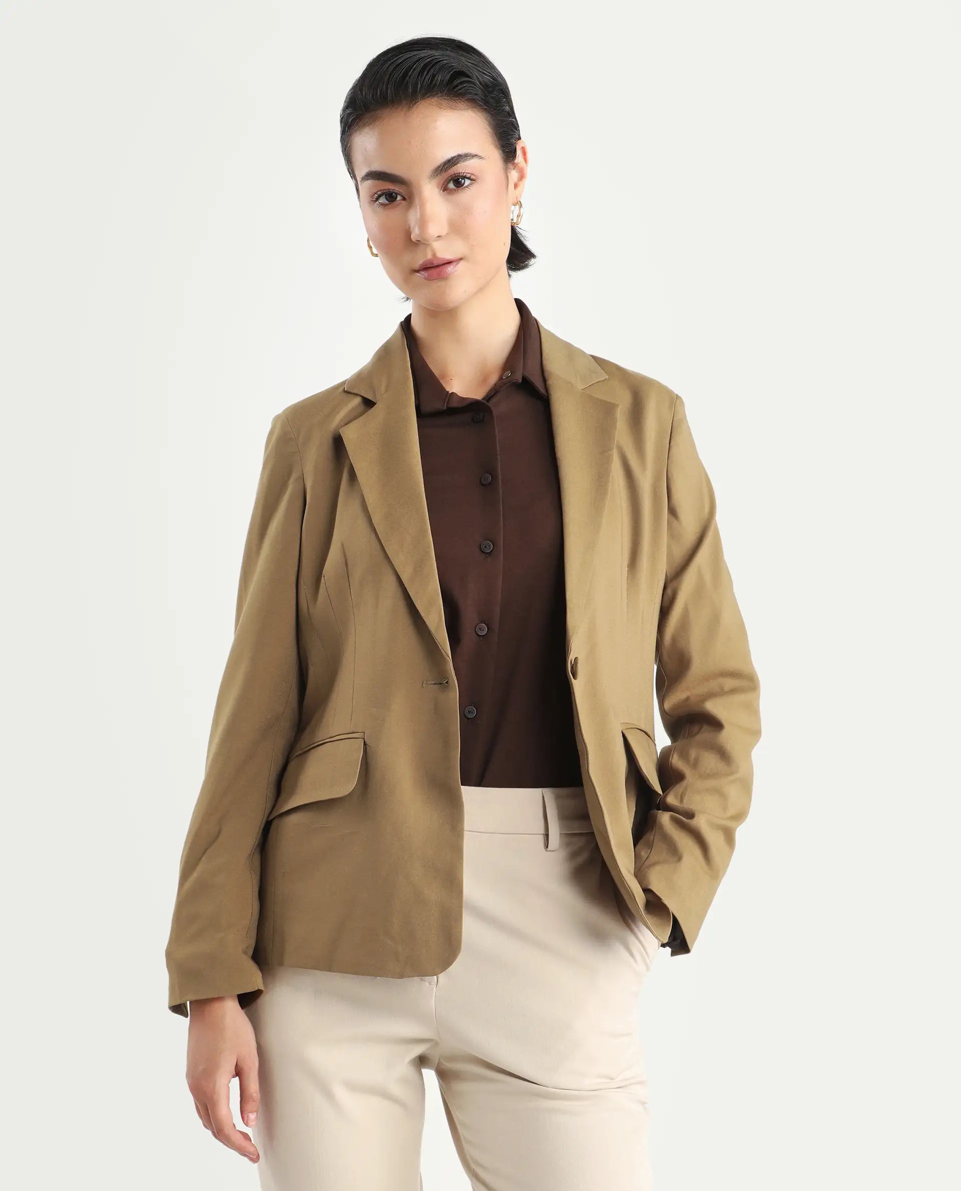 Rareism Women's Sarvi Dark Khaki Polyester Lapel Neck Plain Regular Fit Blazer