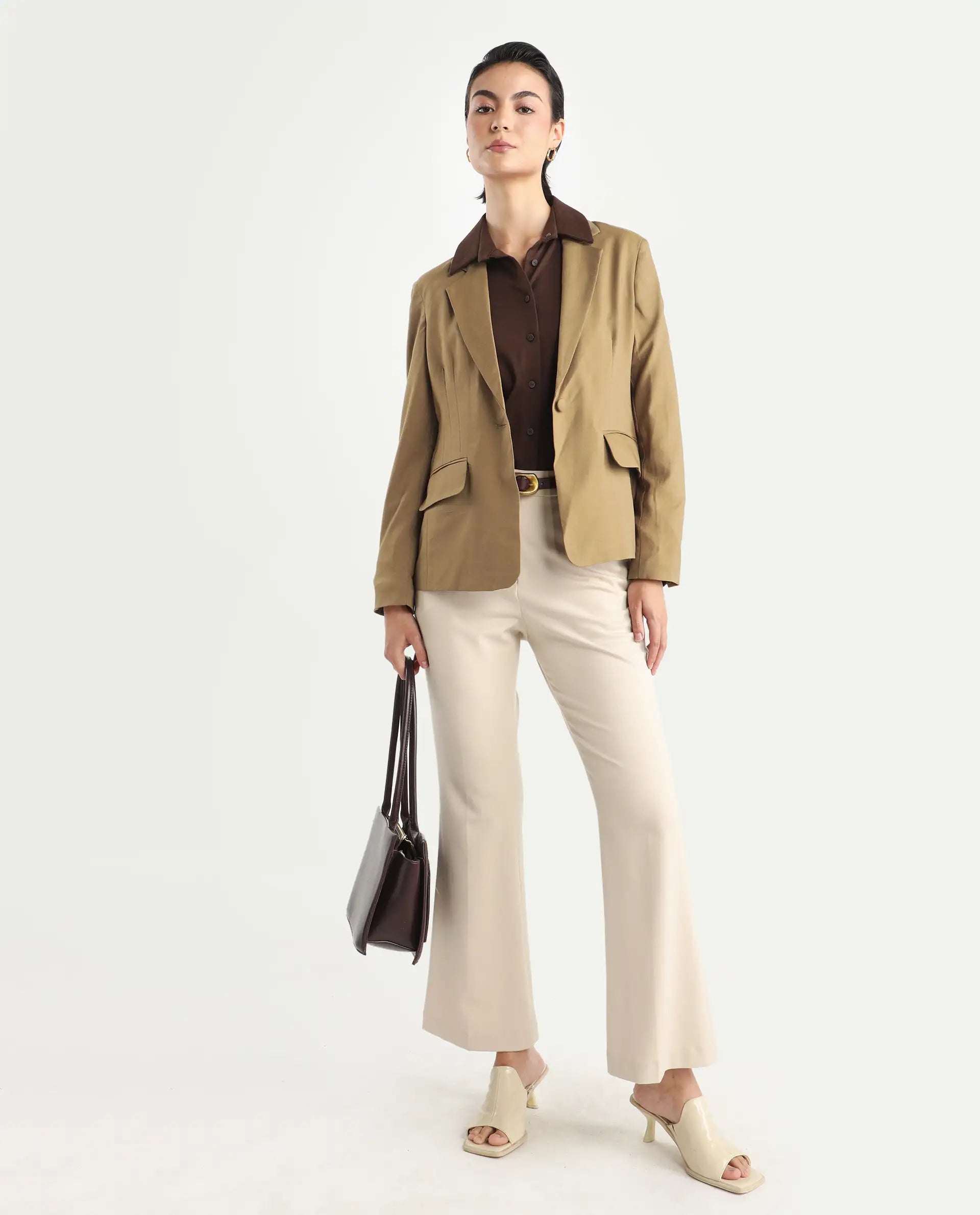 Rareism Women's Sarvi Dark Khaki Polyester Lapel Neck Plain Regular Fit Blazer