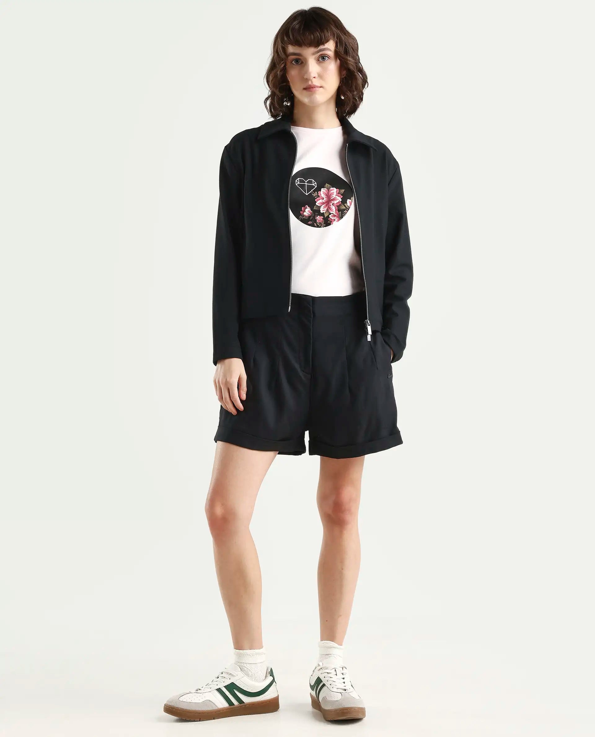 Rareism Women's Maslin Black Polyester Plain Mini Regular Fit Shorts