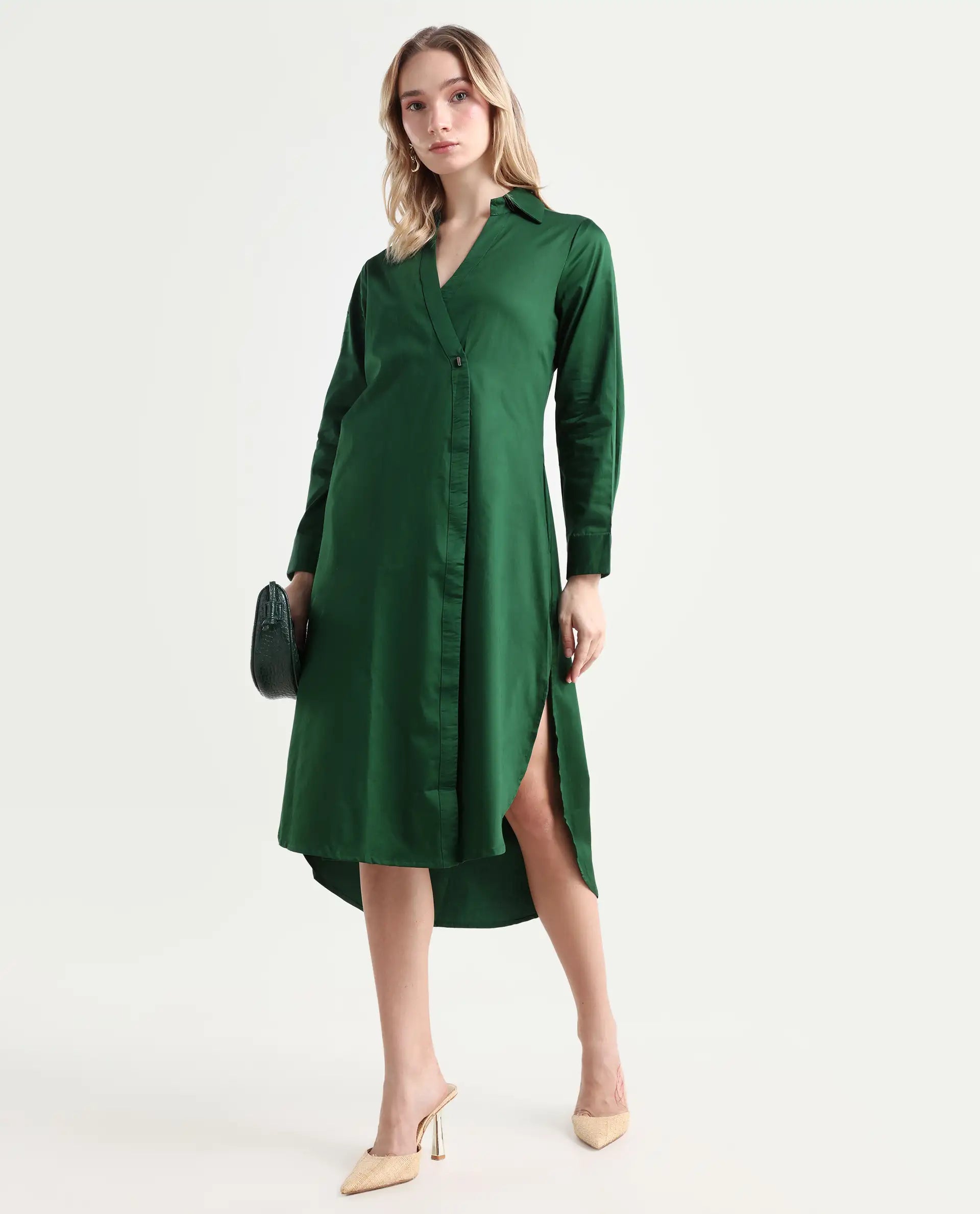 Rareism Women's Shikamaru Dark Green Cotton Blend Johnny Collar Plain Cuffed Sleeve Midi Relaxed Fit Dress