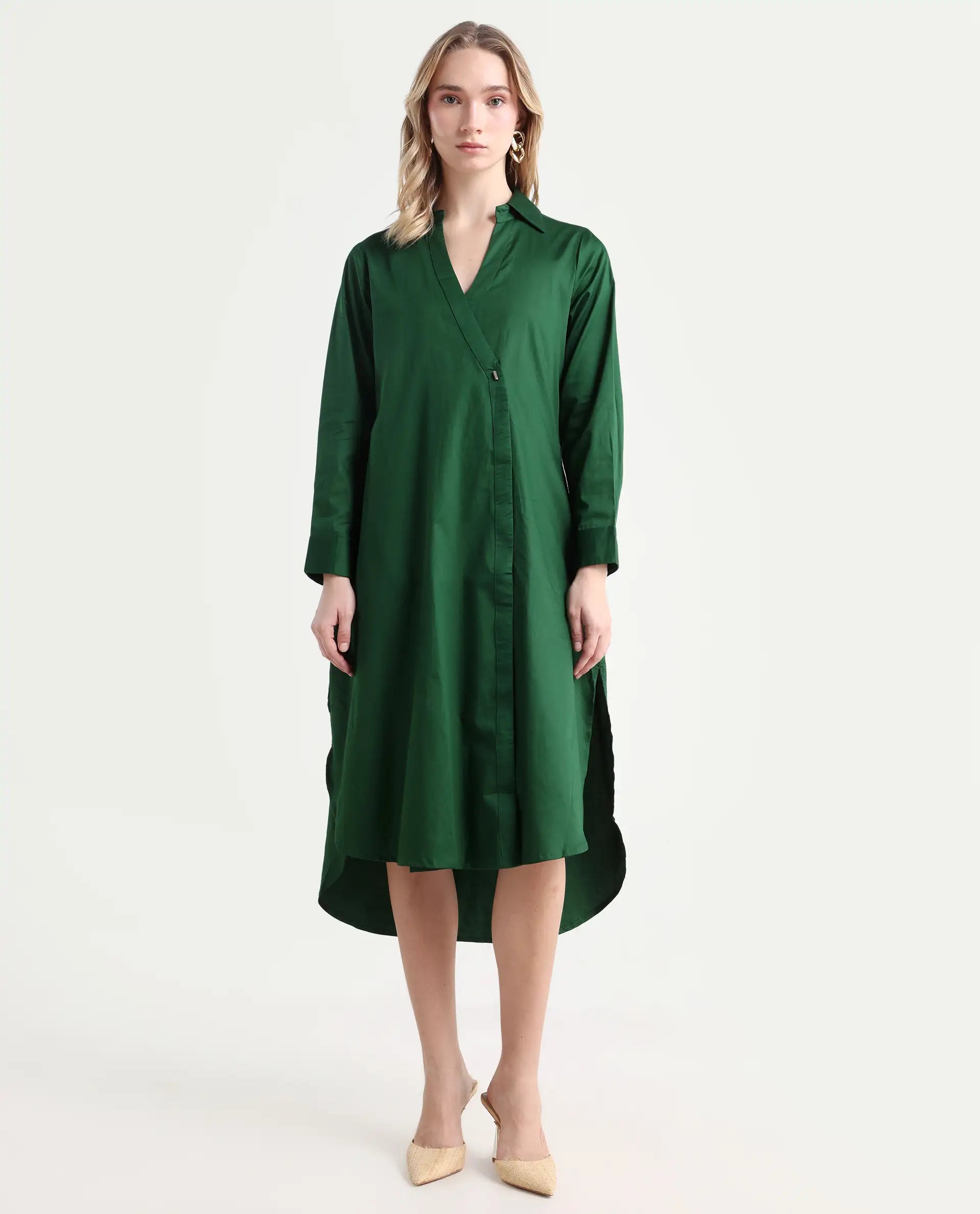 Rareism Women's Shikamaru Dark Green Cotton Blend Johnny Collar Plain Cuffed Sleeve Midi Relaxed Fit Dress