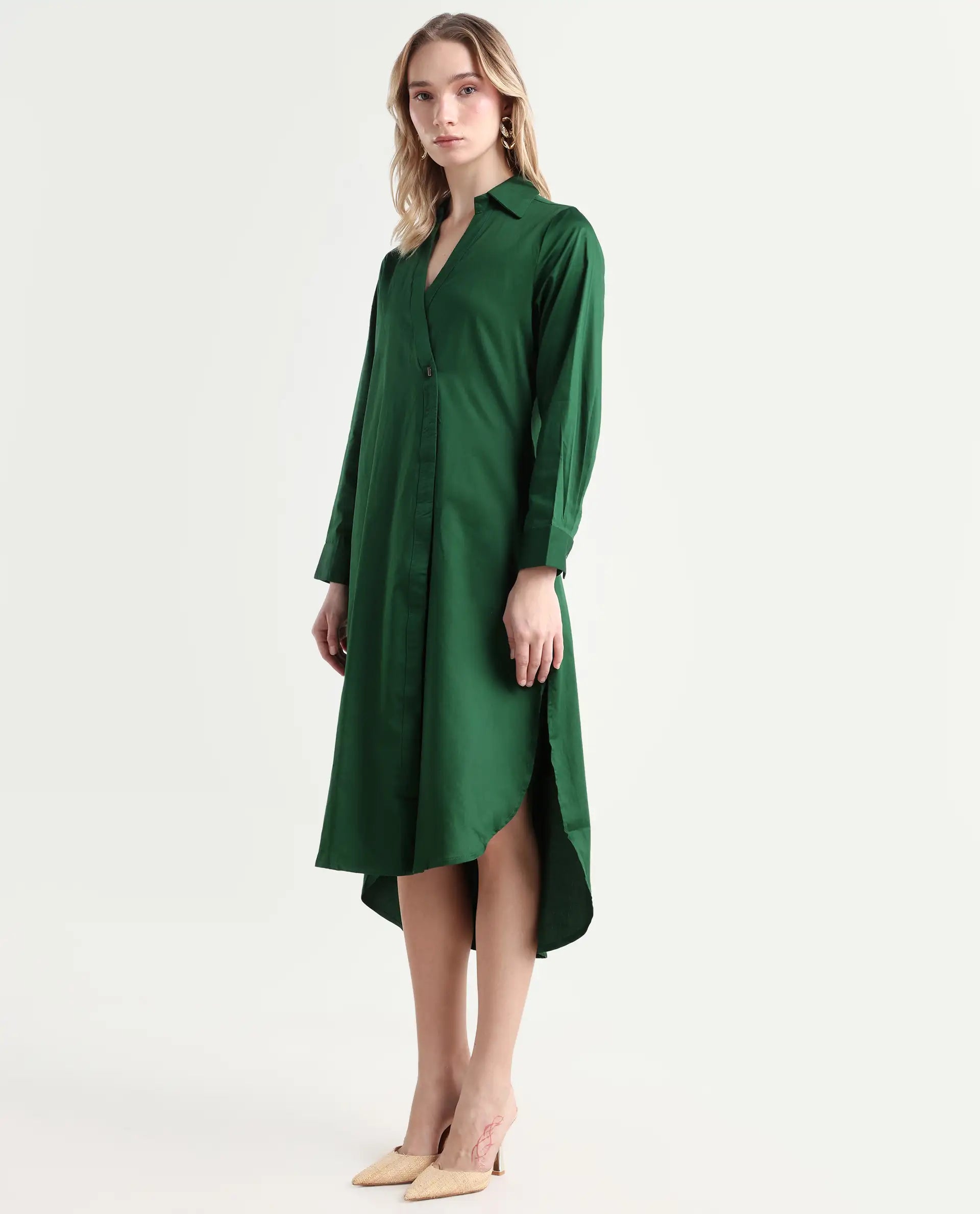 Rareism Women's Shikamaru Dark Green Cotton Blend Johnny Collar Plain Cuffed Sleeve Midi Relaxed Fit Dress