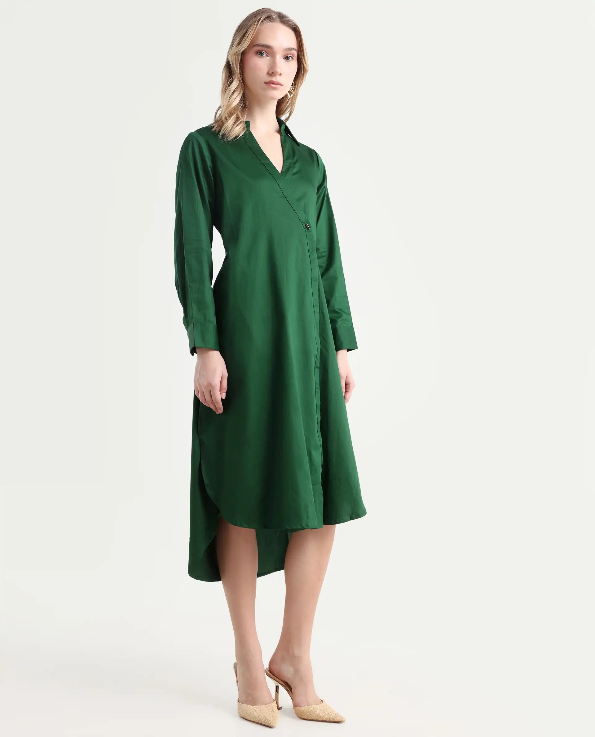 Rareism Women's Shikamaru Dark Green Cotton Blend Johnny Collar Plain Cuffed Sleeve Midi Relaxed Fit Dress