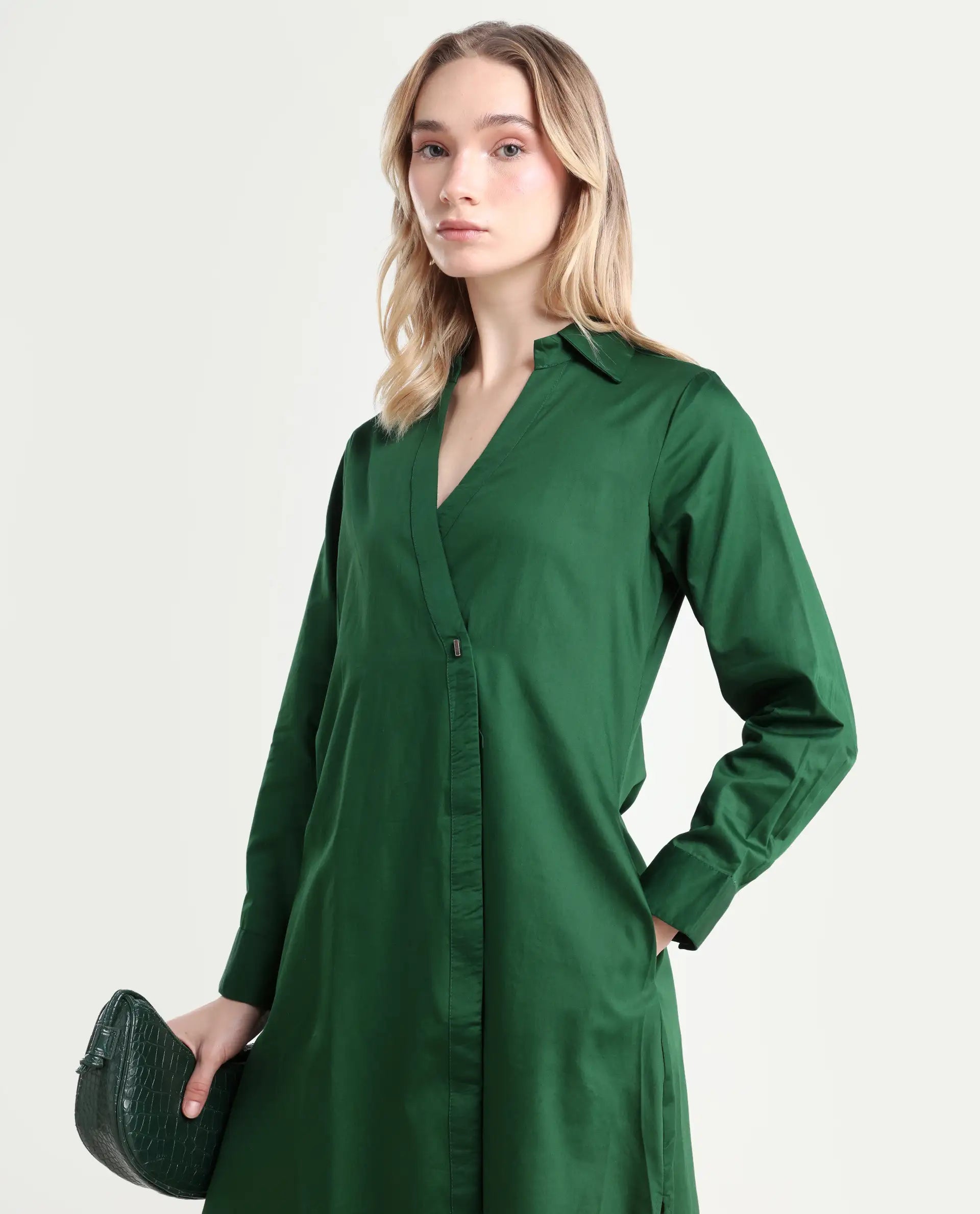 Rareism Women's Shikamaru Dark Green Cotton Blend Johnny Collar Plain Cuffed Sleeve Midi Relaxed Fit Dress
