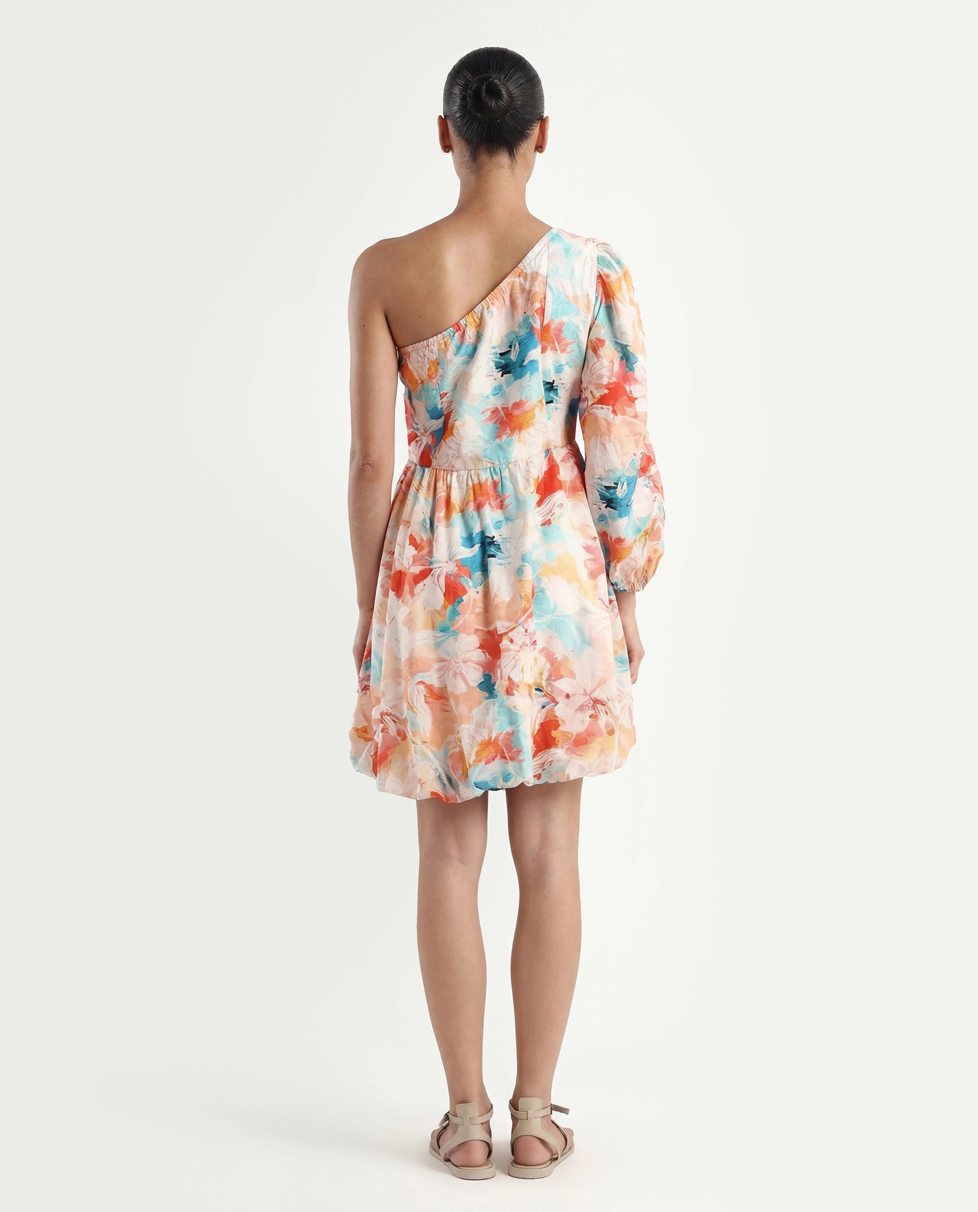 Rareism Women's Carmen Light Multi Nylon Blend One Shoulder Floral Print Bishop Sleeve Mini Fit And Flare Dress