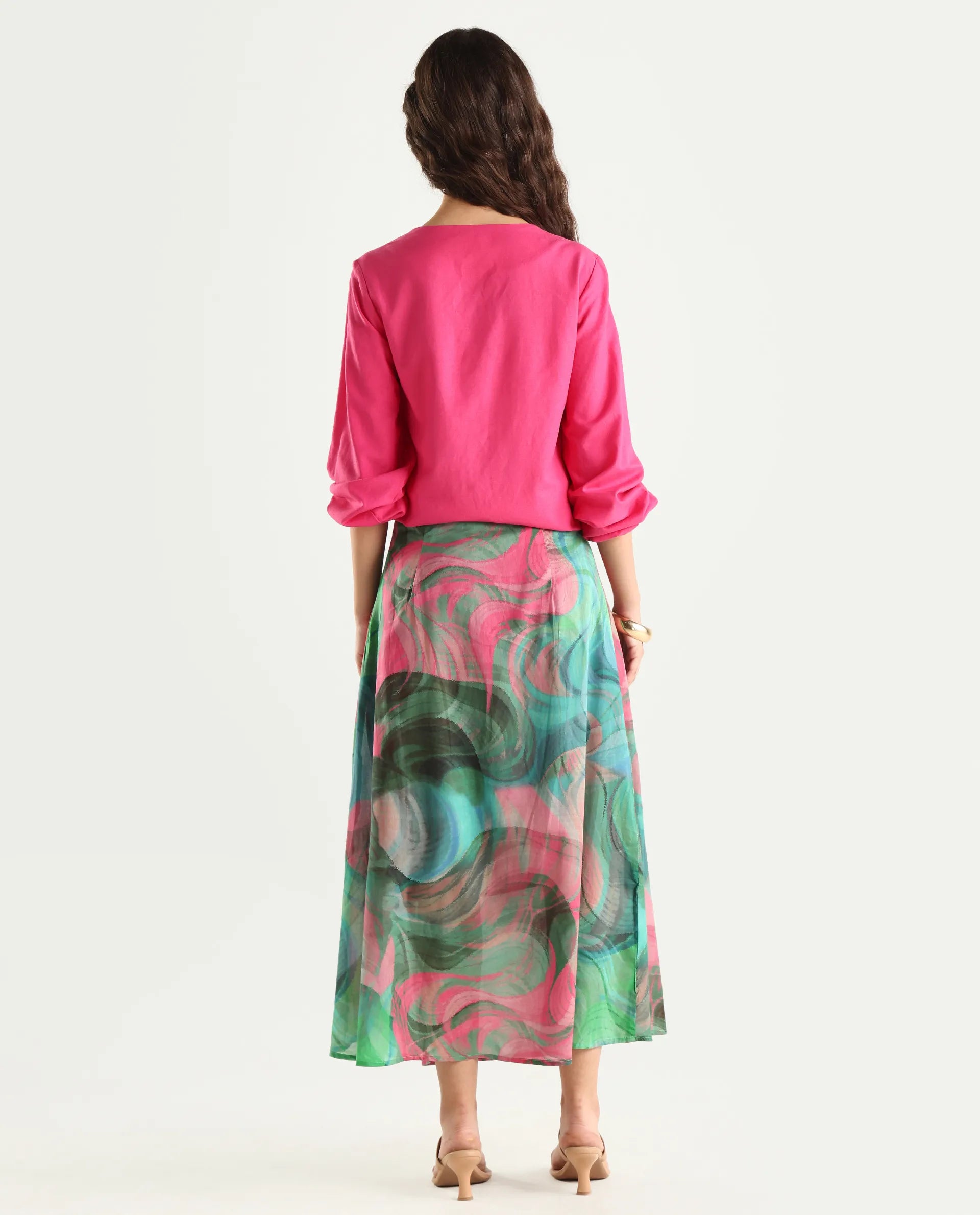 Rareism Women's Treviso Dusky Polyester Abstract Print Midi Flared Skirt