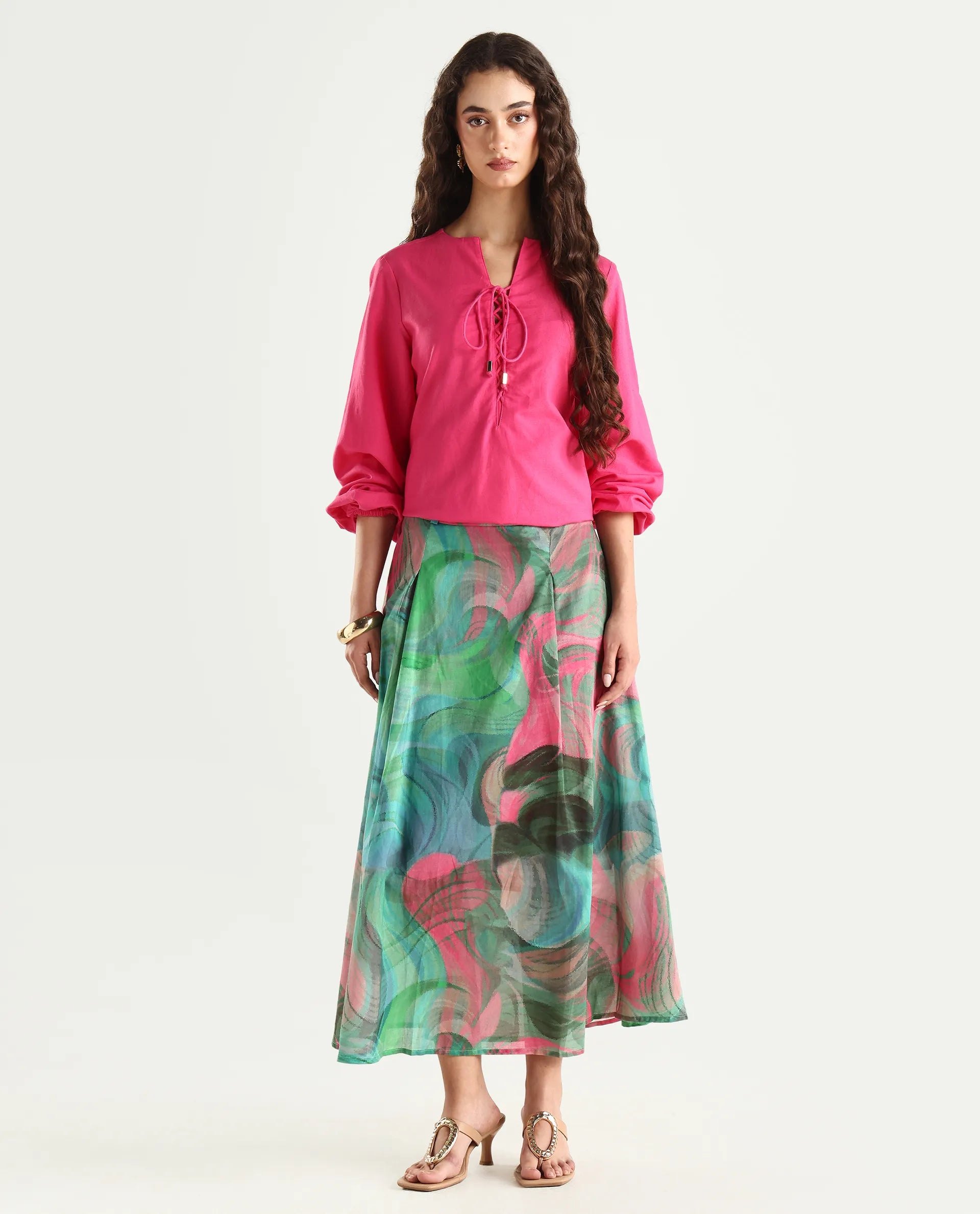 Rareism Women's Treviso Dusky Polyester Abstract Print Midi Flared Skirt