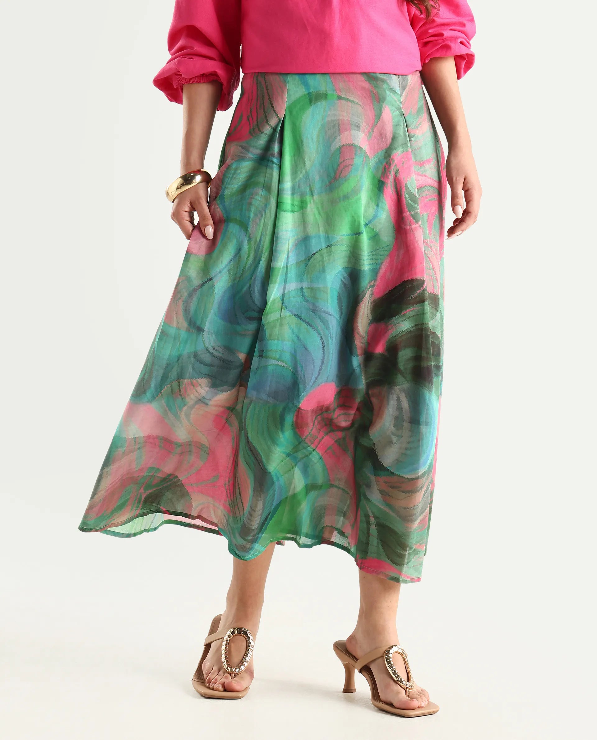 Rareism Women's Treviso Dusky Polyester Abstract Print Midi Flared Skirt