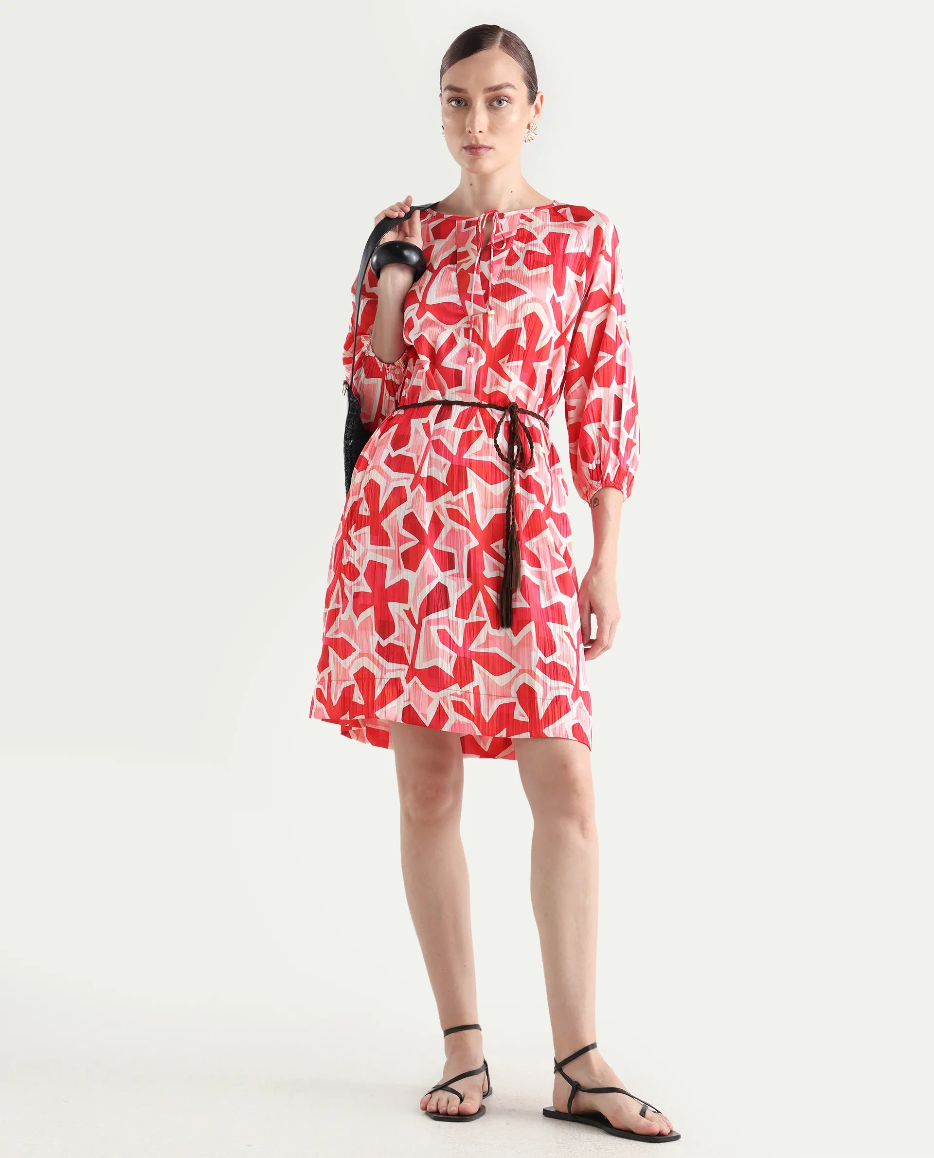 Rareism Women's Zoji Multi Polyester Tie-Up Neck Abstract Print Raglan Sleeve Mini Relaxed Fit Dress